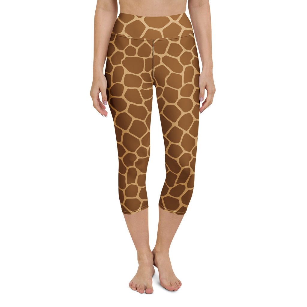 Women’s high-rise giraffe print buttery soft yoga capri leggings in brown and tan with moisture-wicking stretch
