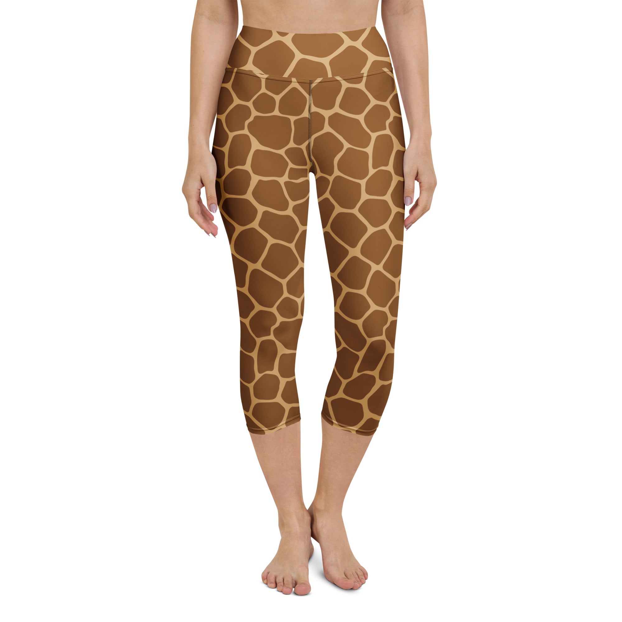 Women’s high-rise giraffe print buttery soft yoga capri leggings in brown and tan with moisture-wicking stretch
