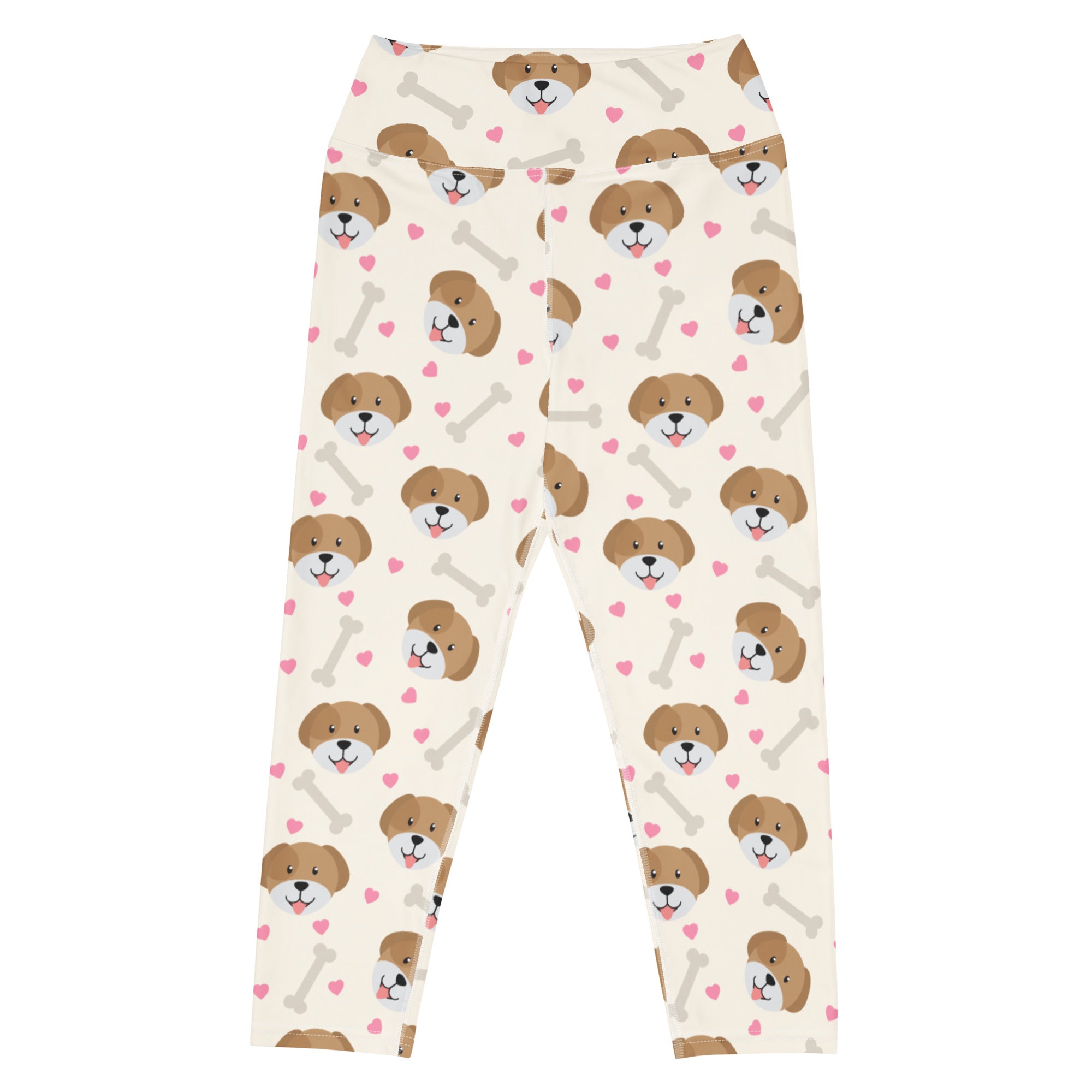 Cream-colored buttery soft women’s high-rise yoga capri leggings with brown puppy faces pink hearts and white bones pattern