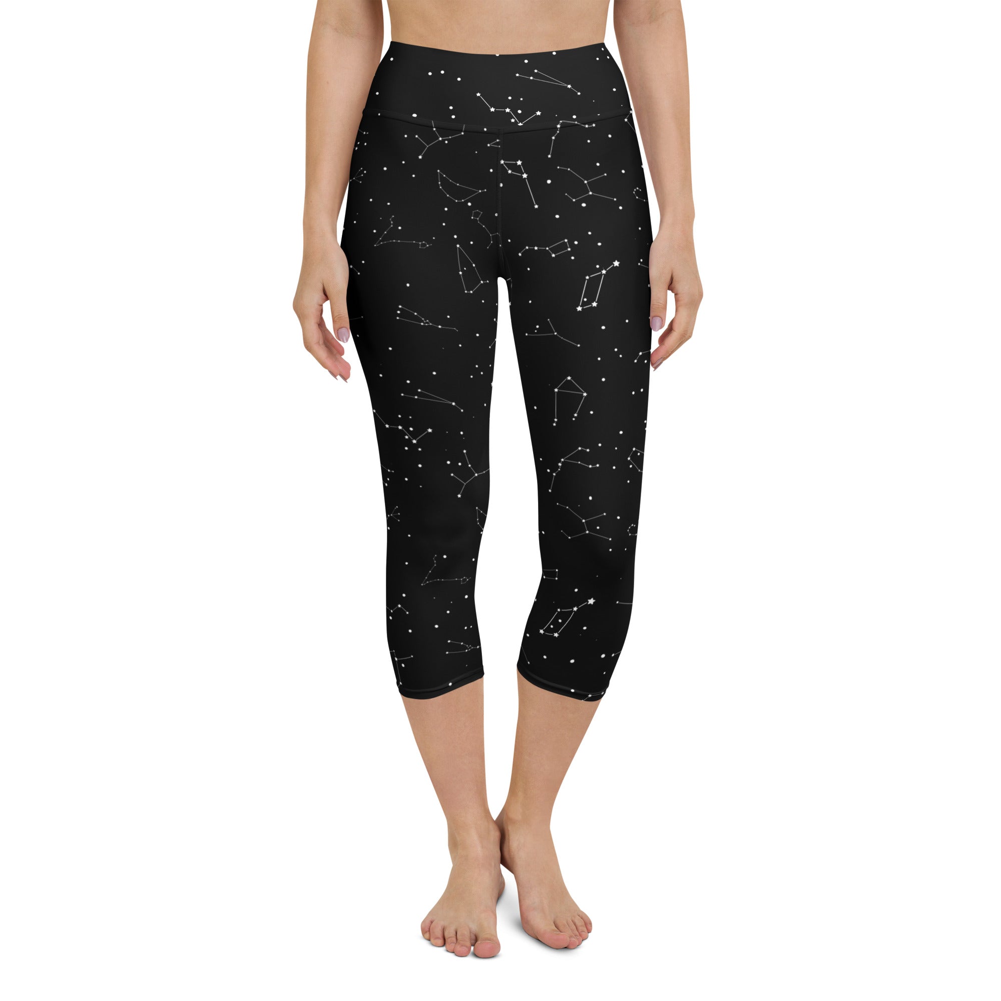 Black high-rise capri leggings with white realistic constellation pattern buttery soft moisture-wicking fabric