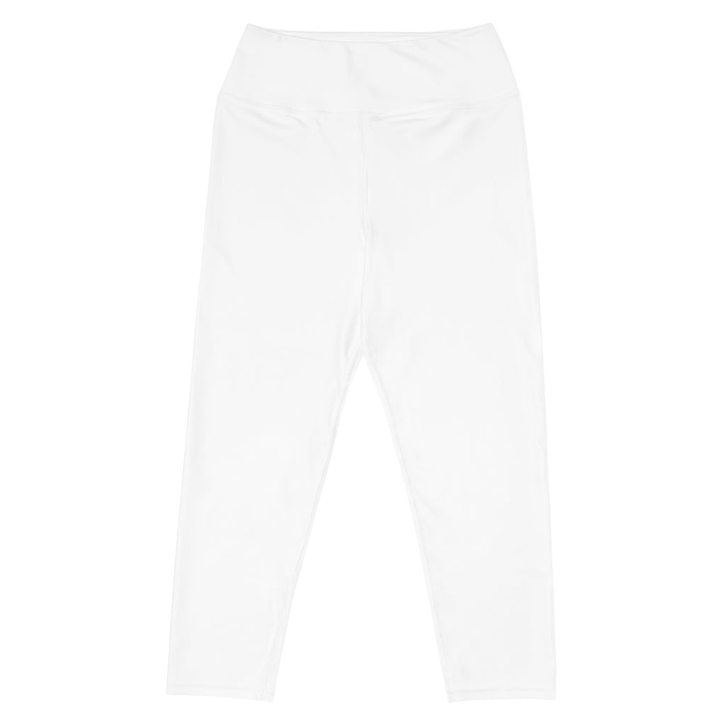 White buttery soft yoga capri leggings with smooth stretchy fabric and elastic waistband for activewear