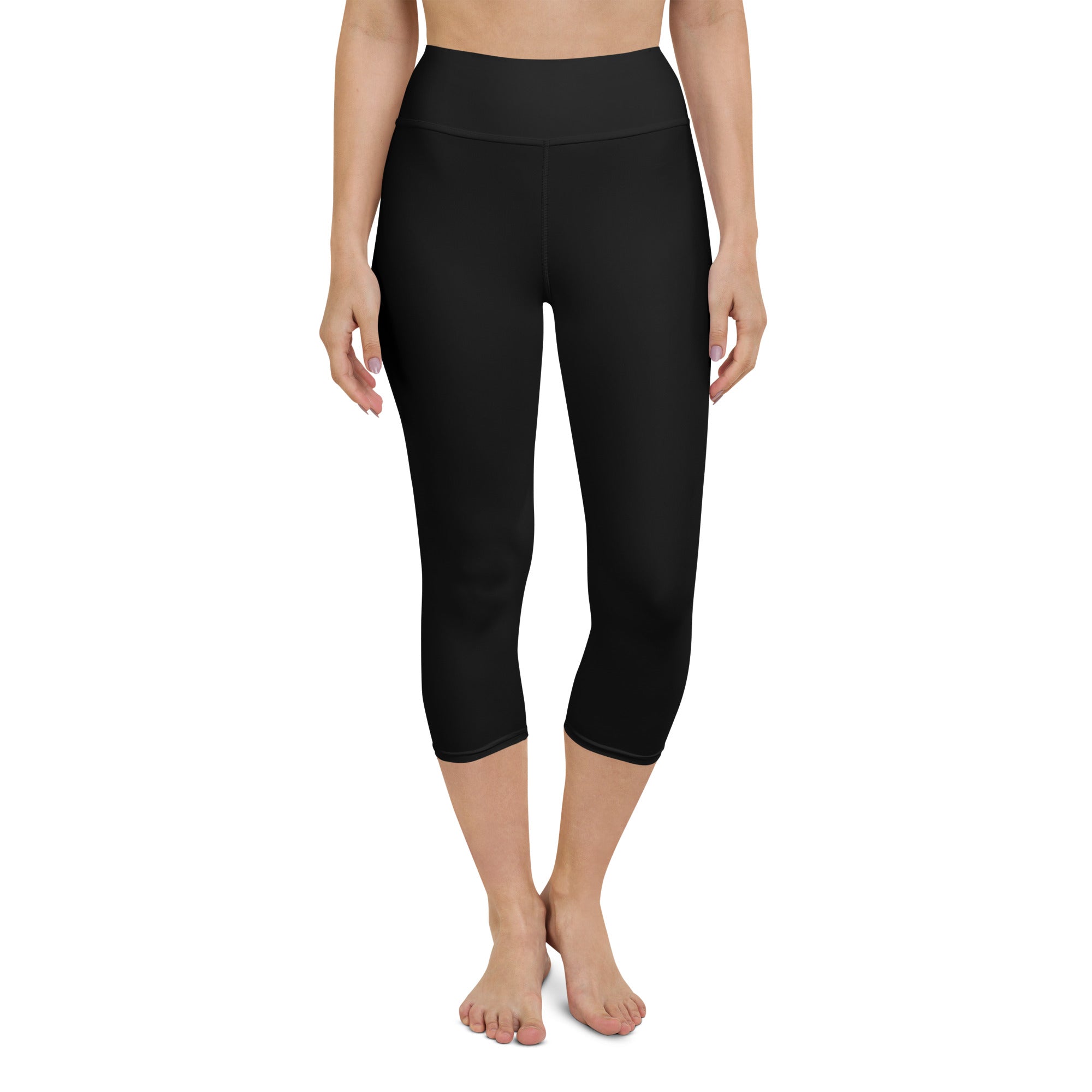 Women’s black high-waisted buttery soft yoga capri leggings made of stretchy moisture-wicking fabric