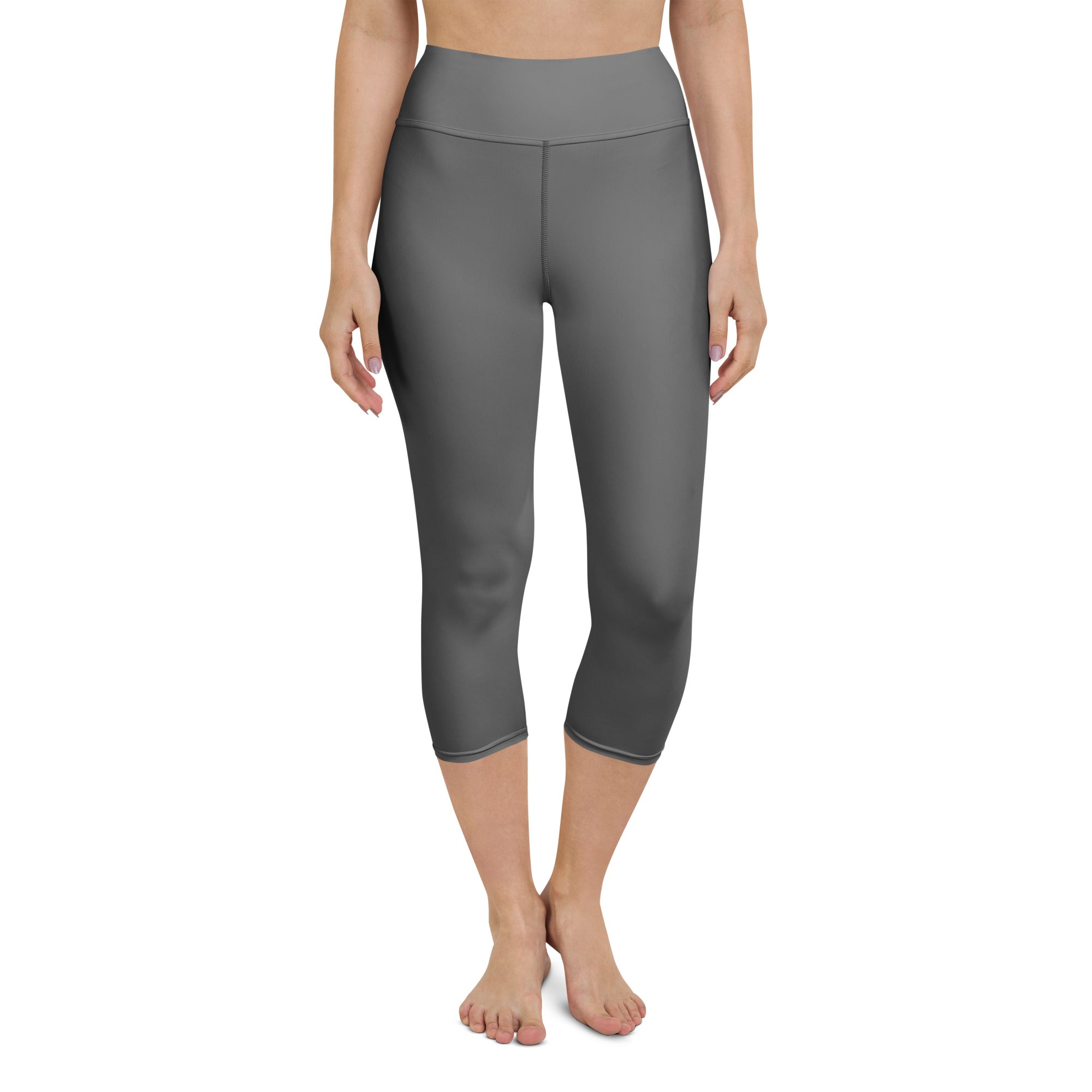 Women’s gray high-rise capri leggings made of buttery soft stretchy fabric with moisture-wicking for yoga and activewear