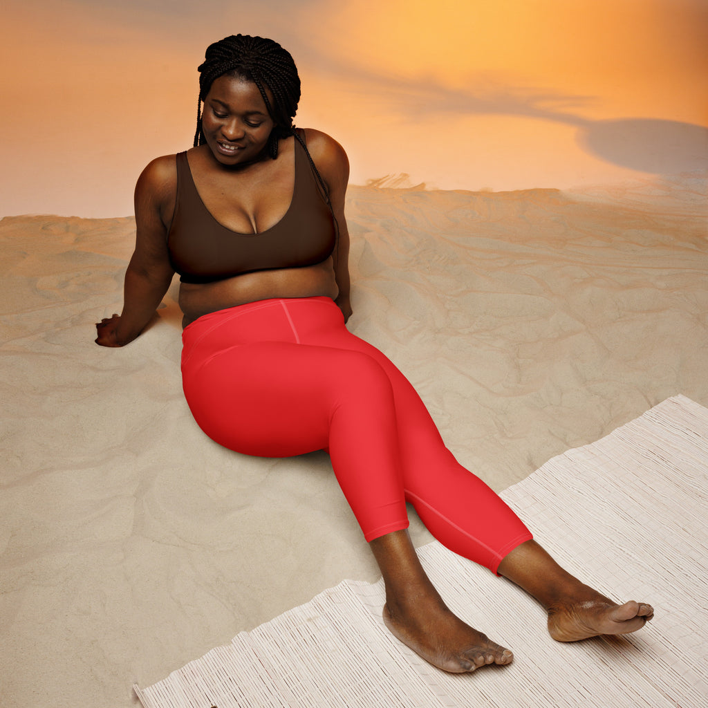 Women’s vibrant red high-rise buttery soft yoga capri leggings with moisture-wicking soft stretch fabric