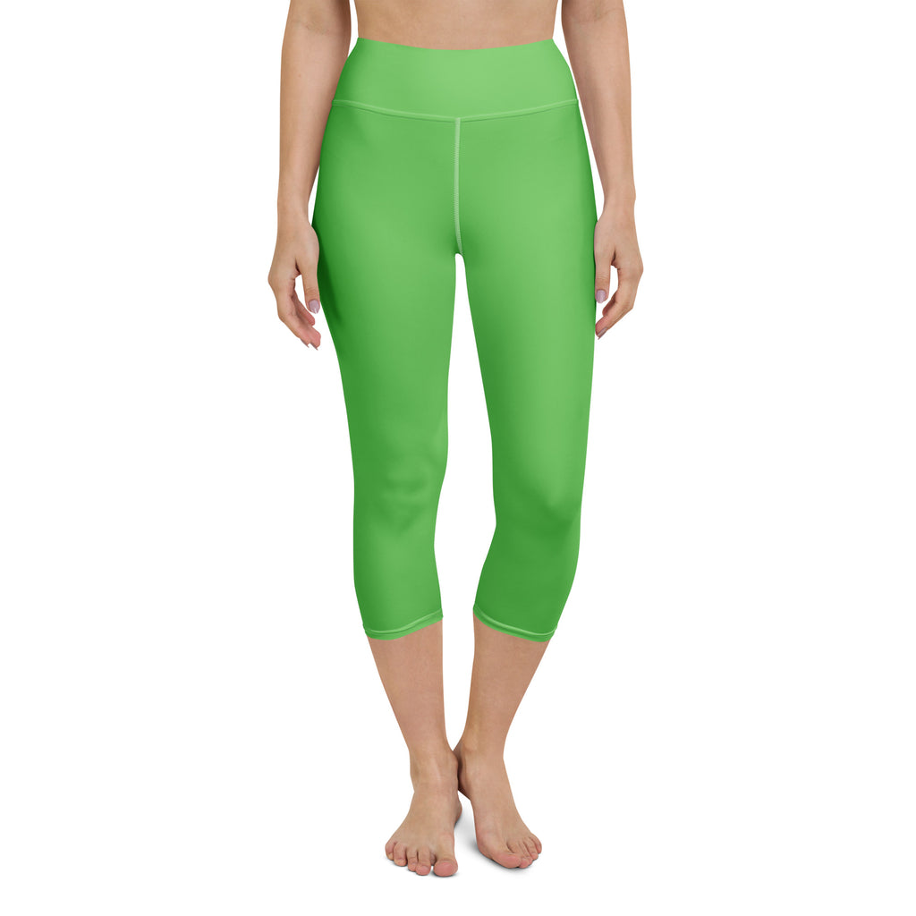 Women’s bright green buttery soft seamless yoga capri leggings with high-rise waistband and moisture-wicking fabric