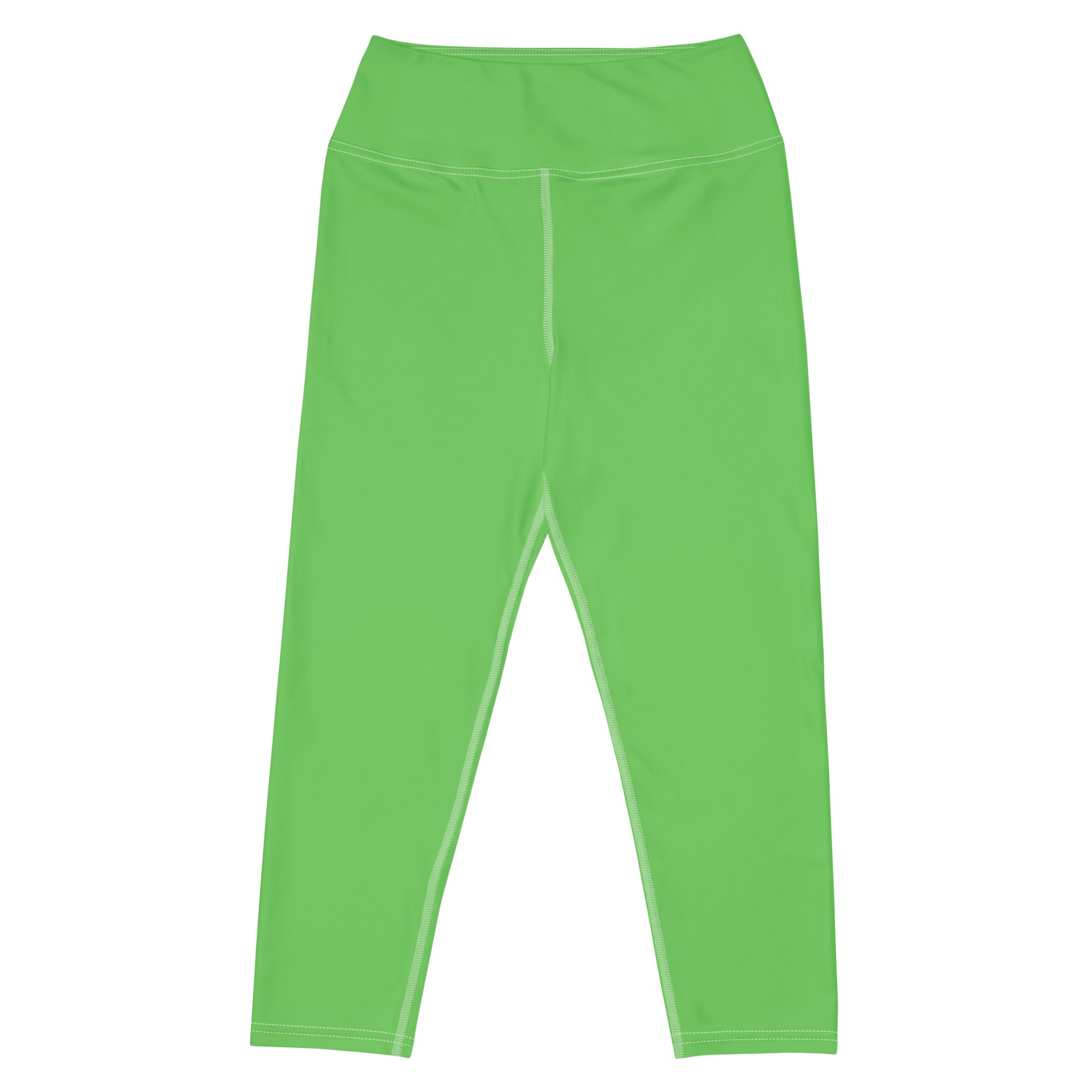 Bright green high-rise buttery soft yoga capri leggings with smooth stretchy fabric and subtle white stitching seams