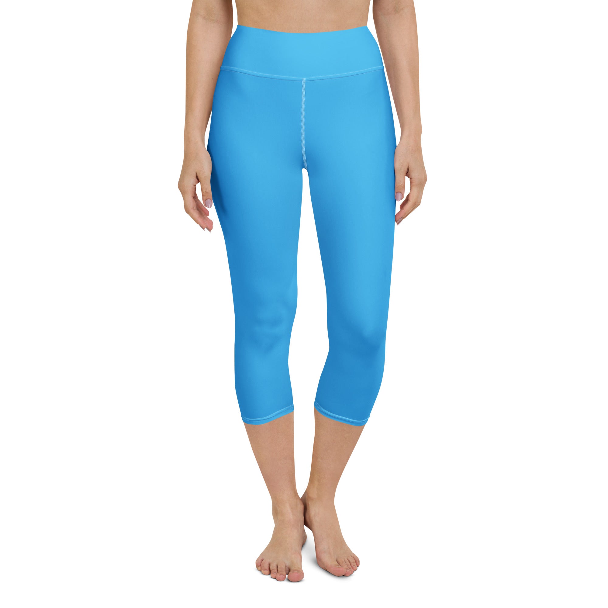 Women’s sky blue buttery soft high-rise capri leggings made of smooth stretchy moisture-wicking fabric