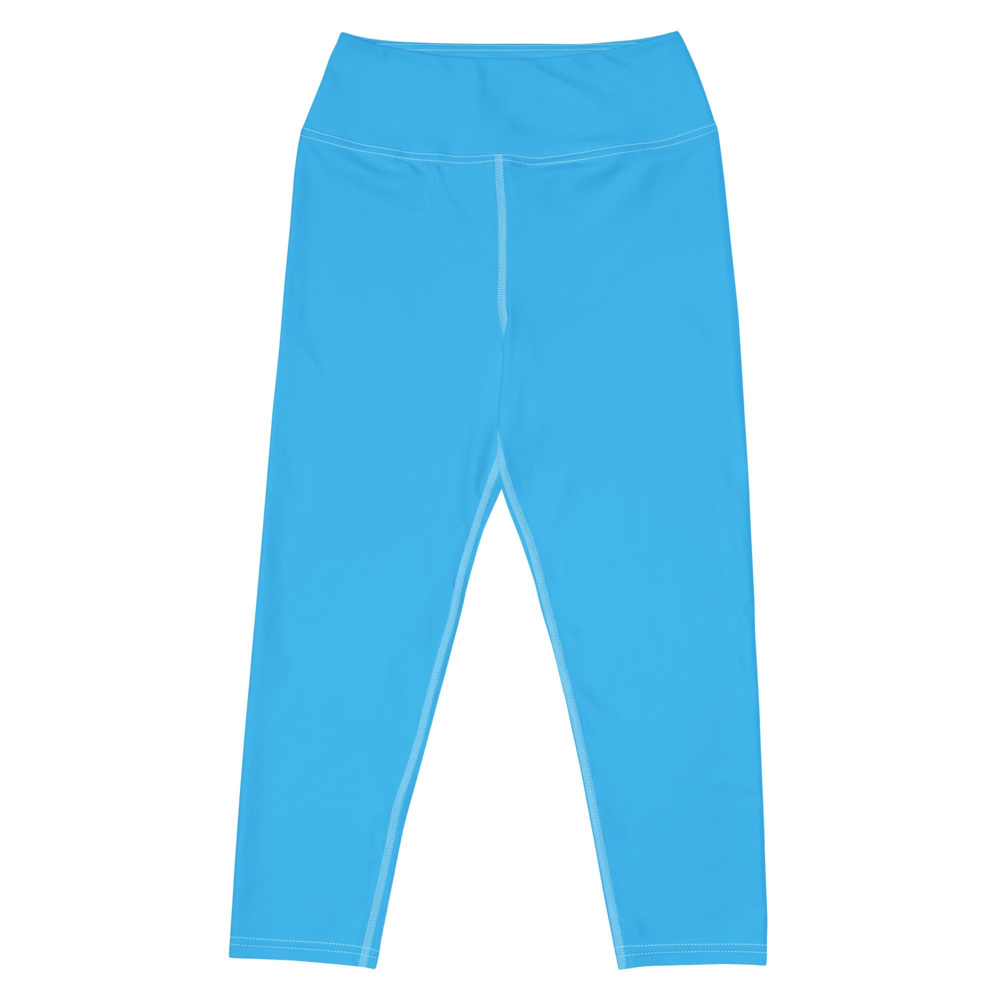 Women’s sky blue buttery soft high-rise yoga capri leggings with light stitching and moisture-wicking fabric