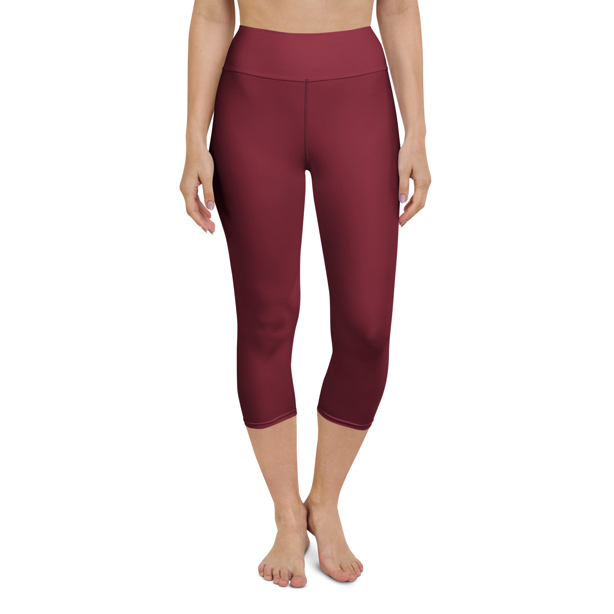 Women wearing maroon high-waisted buttery soft stretchy yoga capri leggings designed for moisture-wicking comfort