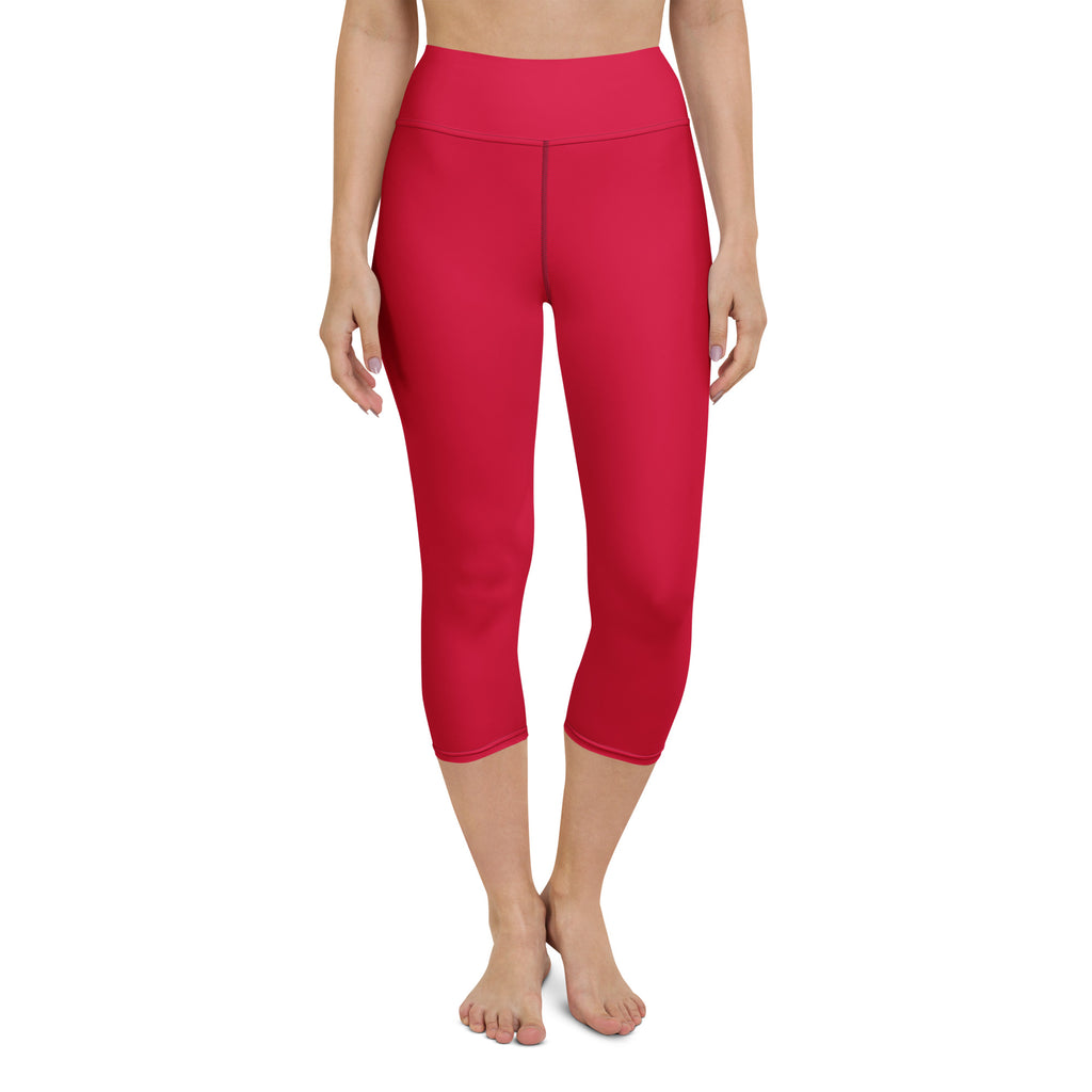 Women’s bright red high-waisted buttery soft yoga capri leggings with moisture-wicking stretch fabric