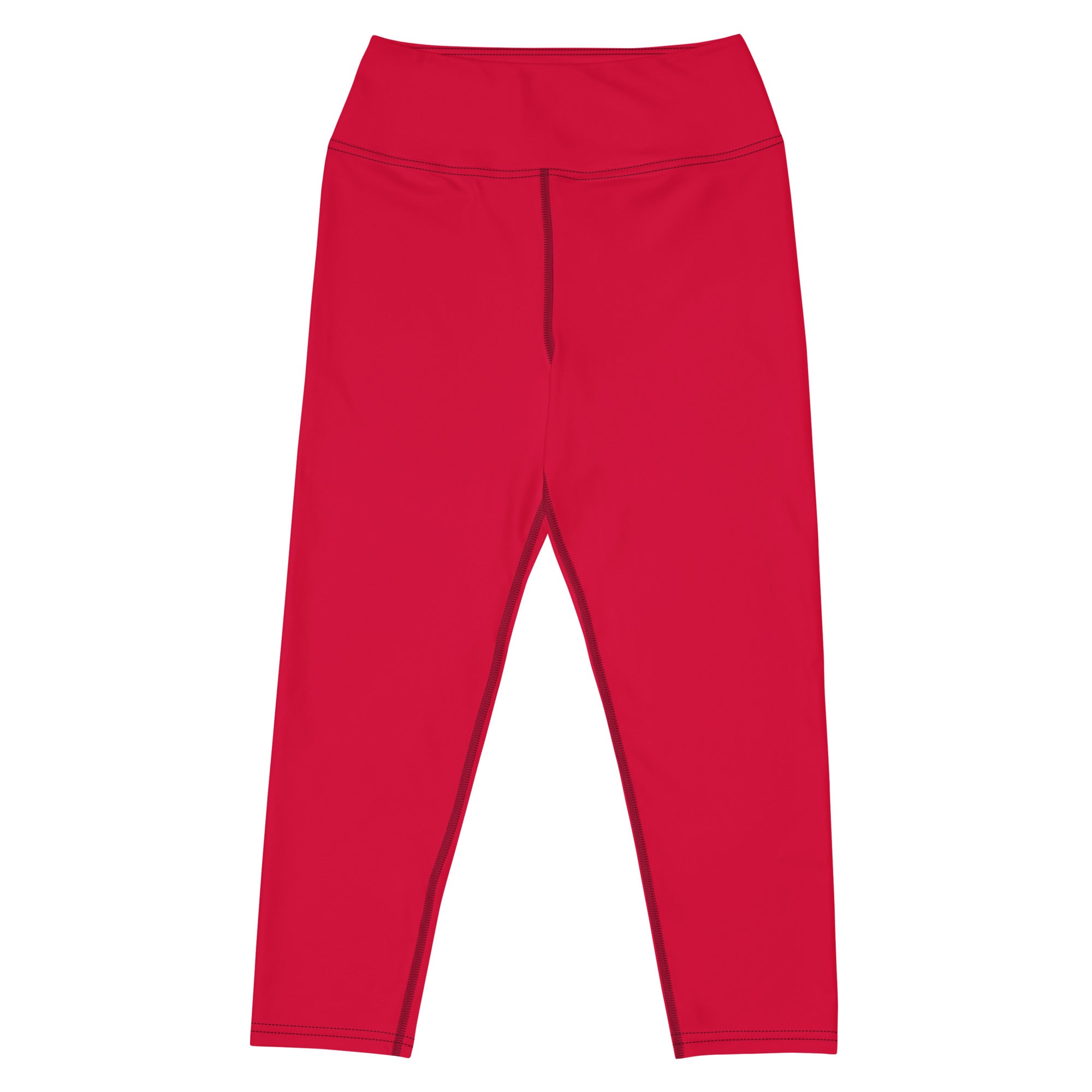 Bright red high-waisted buttery soft yoga capri leggings with smooth stretchy fabric and subtle seam detailing