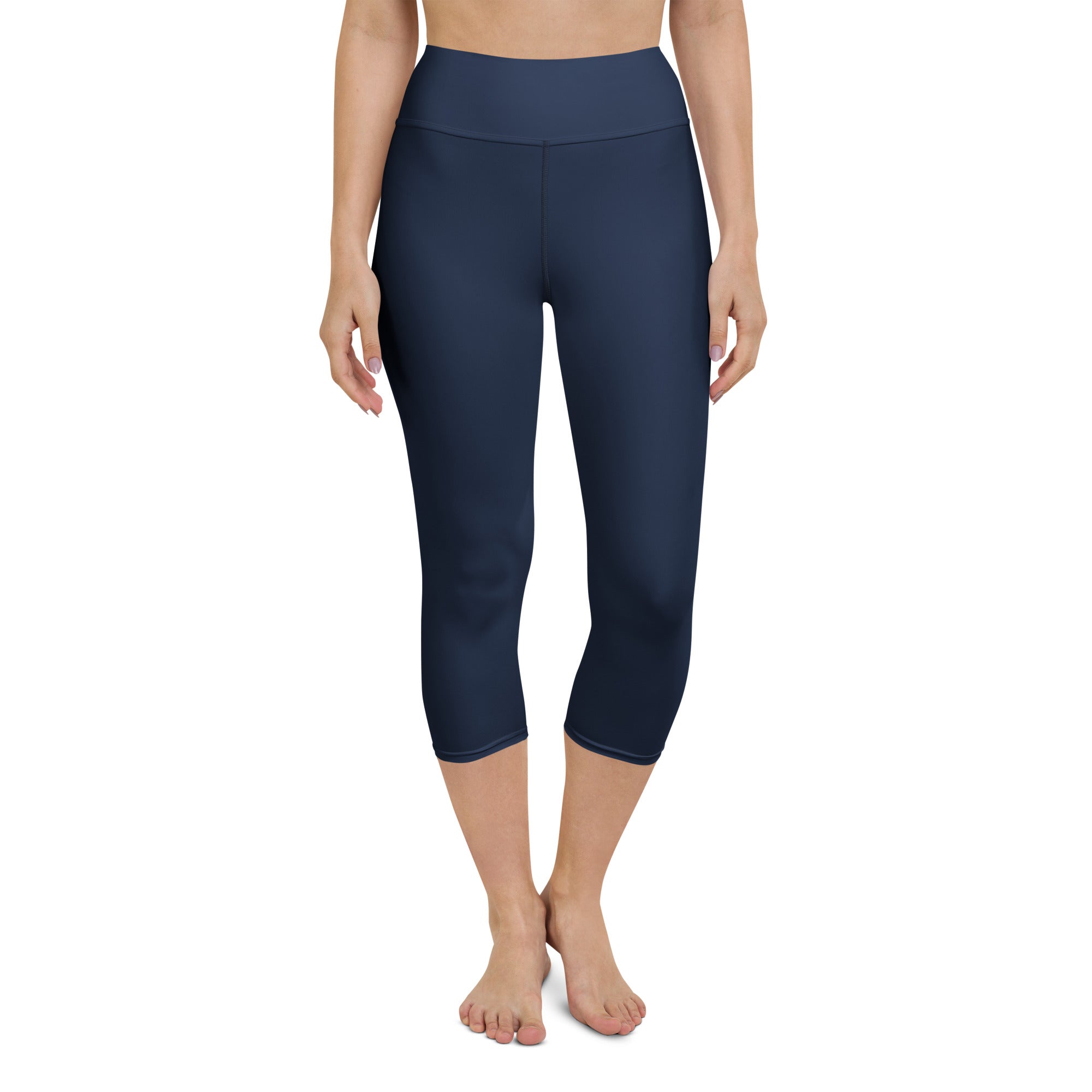 Women’s navy high-rise buttery soft yoga capri leggings with moisture-wicking soft stretch fabric shown from back