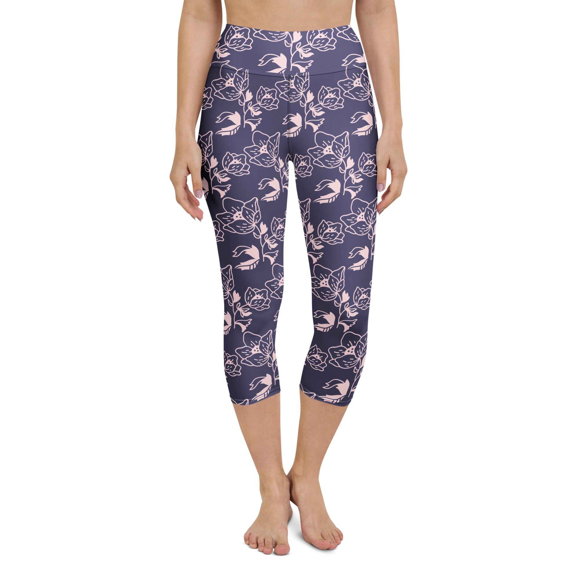 Women’s high-rise dark purple floral buttery soft yoga capri leggings with moisture-wicking soft stretch fabric