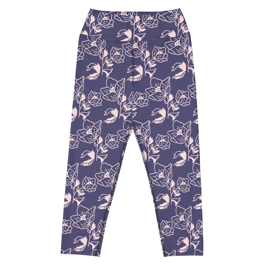 Women’s purple floral yoga capri leggings with high-rise soft stretchy moisture-wicking fabric and pink white flowers