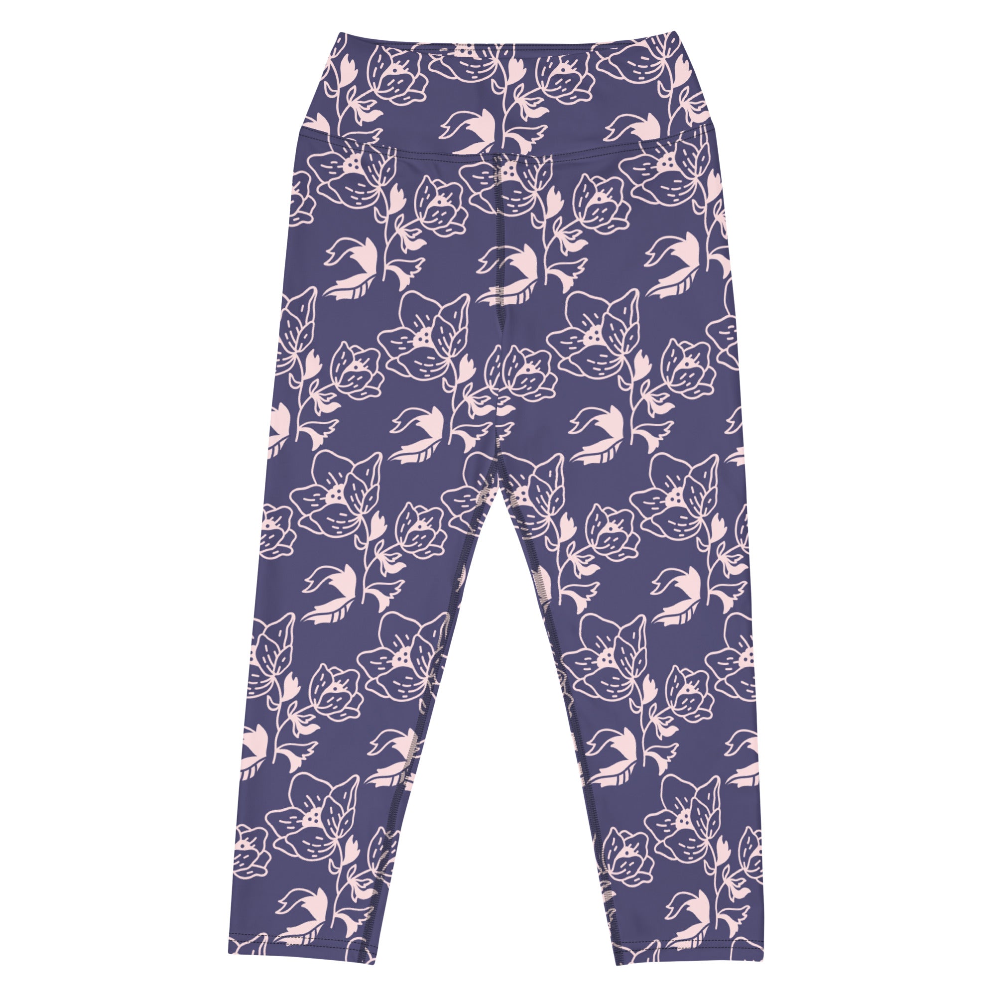 Women’s purple floral yoga capri leggings with high-rise soft stretchy moisture-wicking fabric and pink white flowers