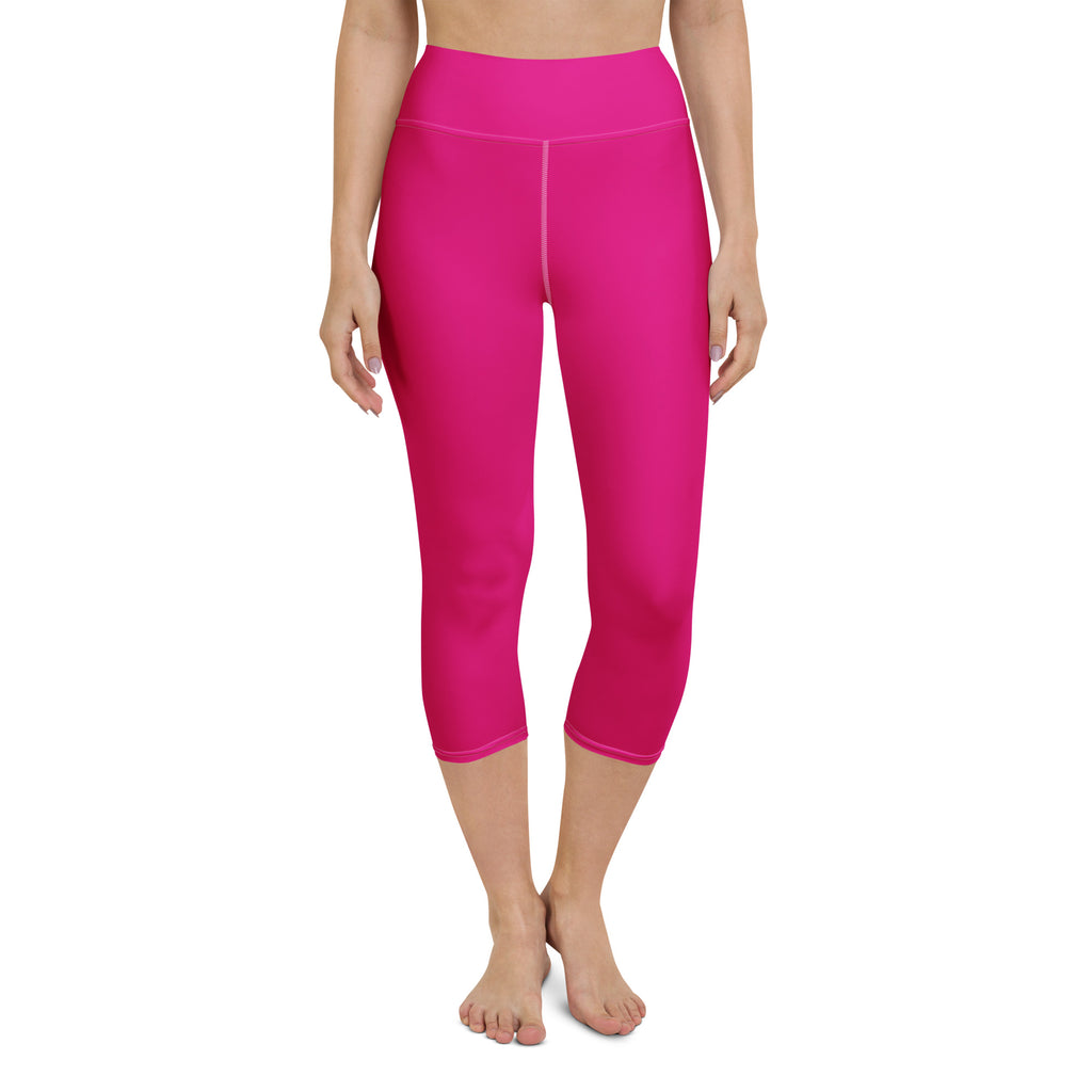 Bright fuchsia high-waisted capri leggings made of buttery soft stretchy moisture-wicking fabric for yoga and activewear
