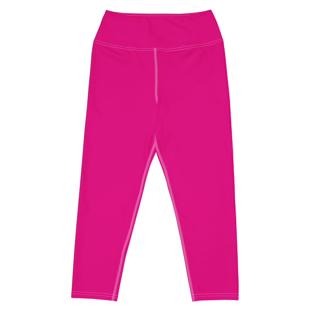Women’s hot pink buttery soft high-rise yoga capri leggings with moisture-wicking fabric and pink seam stitching
