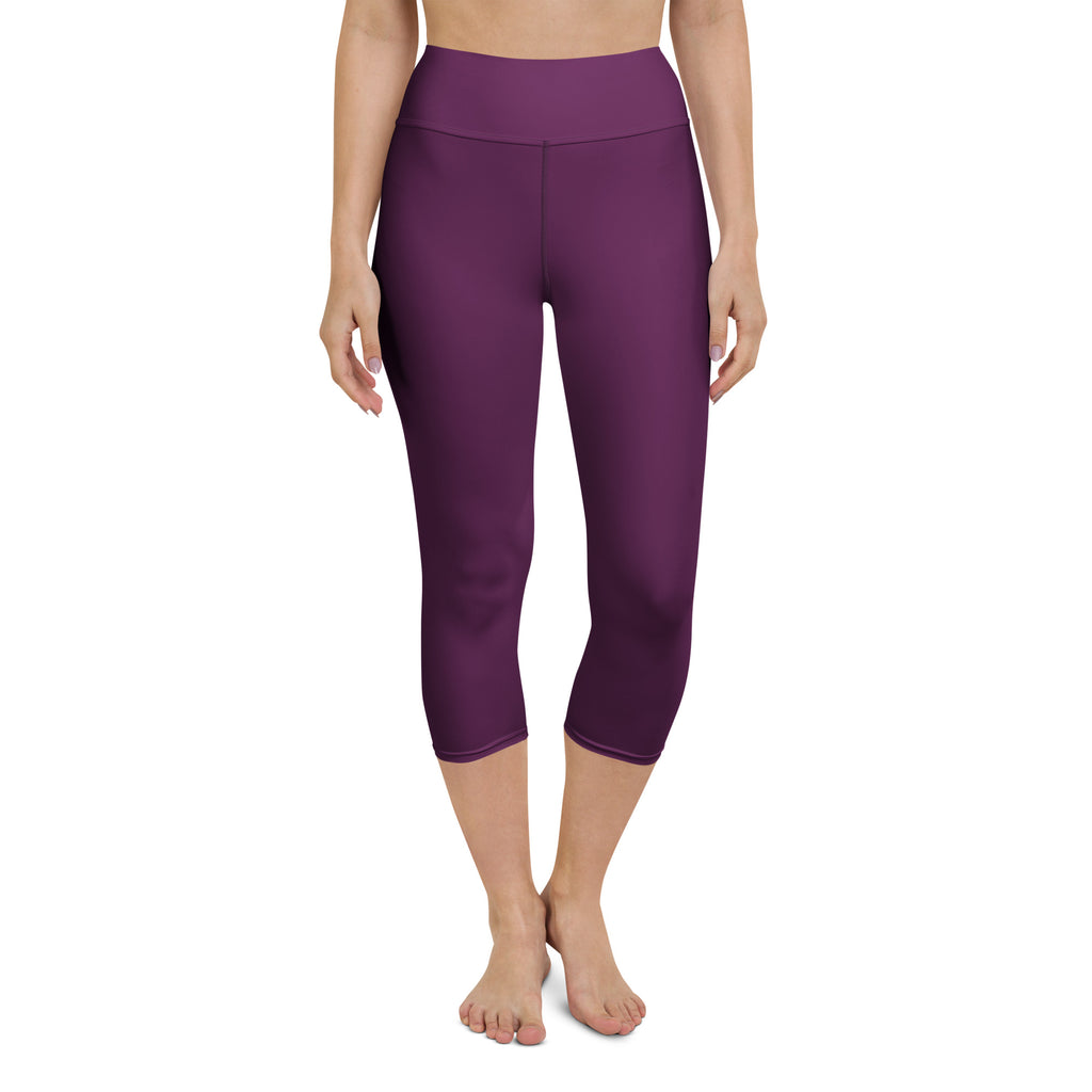 Women’s plum purple high-waisted capri leggings made of buttery soft stretchy fabric for yoga and activewear
