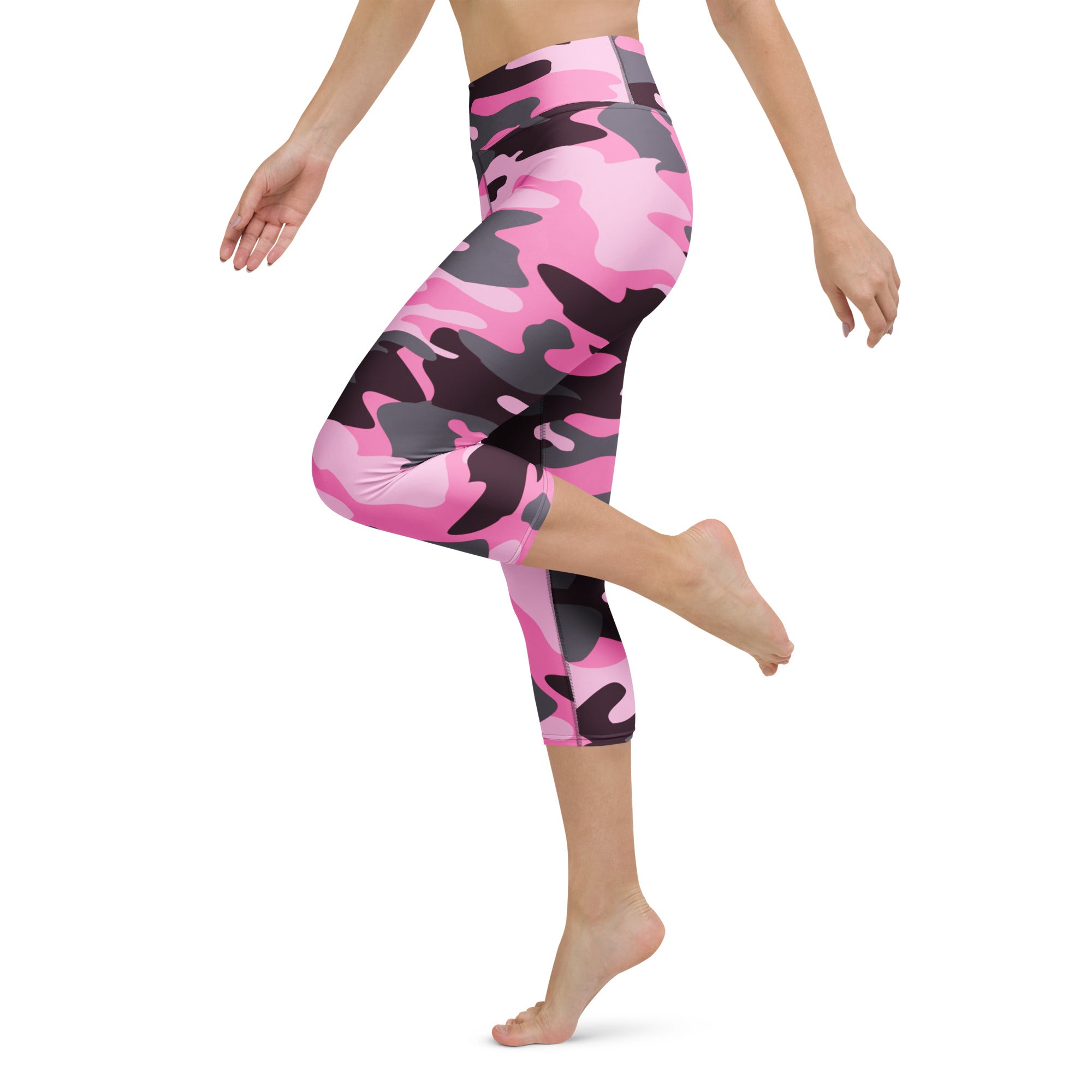 Women’s pink and black camouflage buttery soft high-rise yoga capri leggings with moisture-wicking stretch fabric