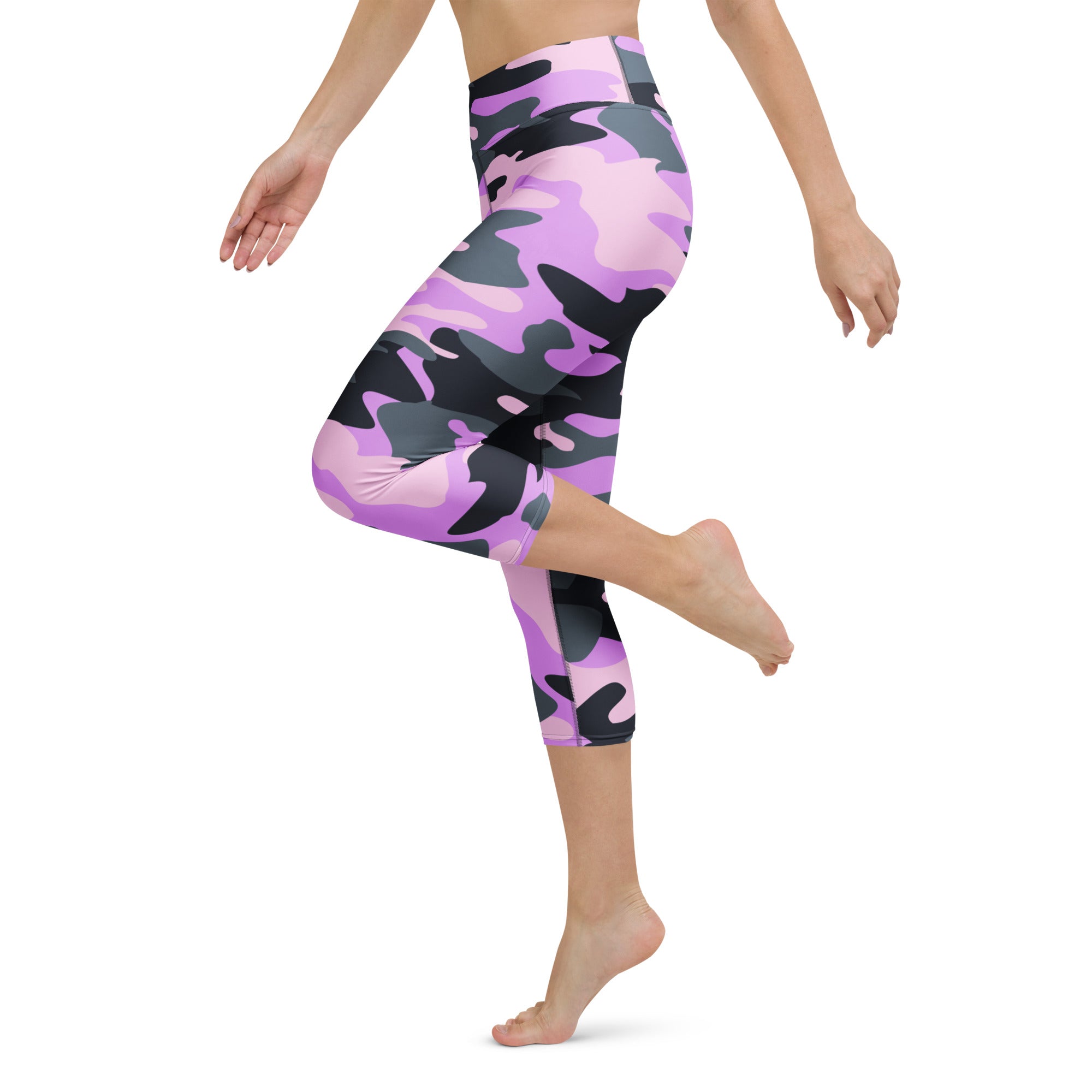 Women’s purple and black camouflage buttery soft high-rise moisture-wicking yoga capri leggings front view