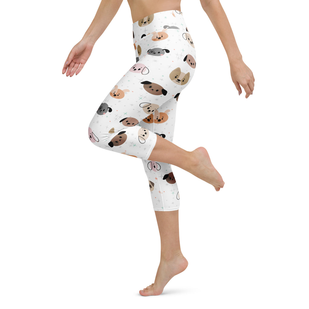 White high-rise buttery soft yoga capri leggings with colorful cartoon dog pattern moisture-wicking stretch