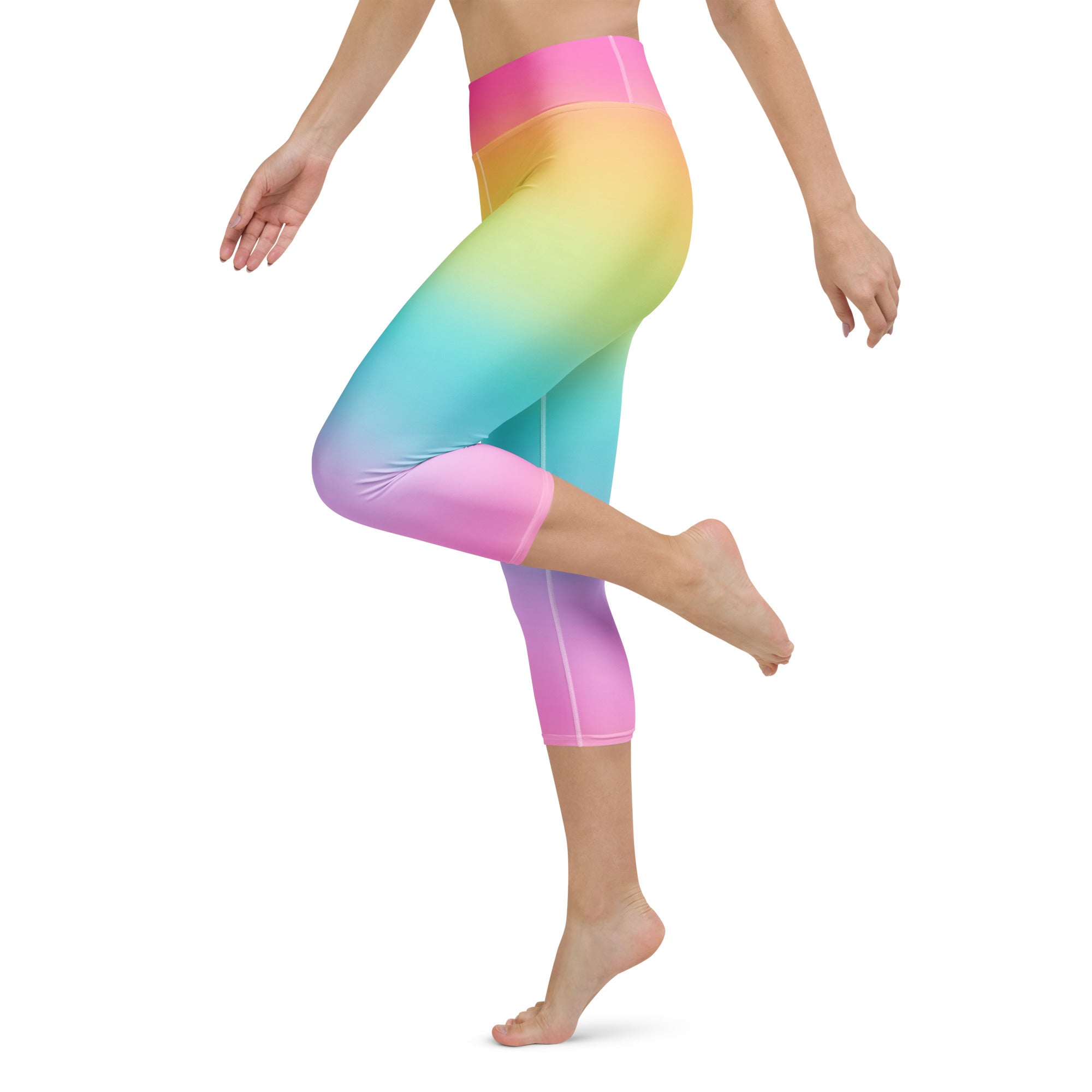 Women’s bright rainbow high-rise capri leggings in soft stretchy moisture-wicking fabric for yoga and activewear