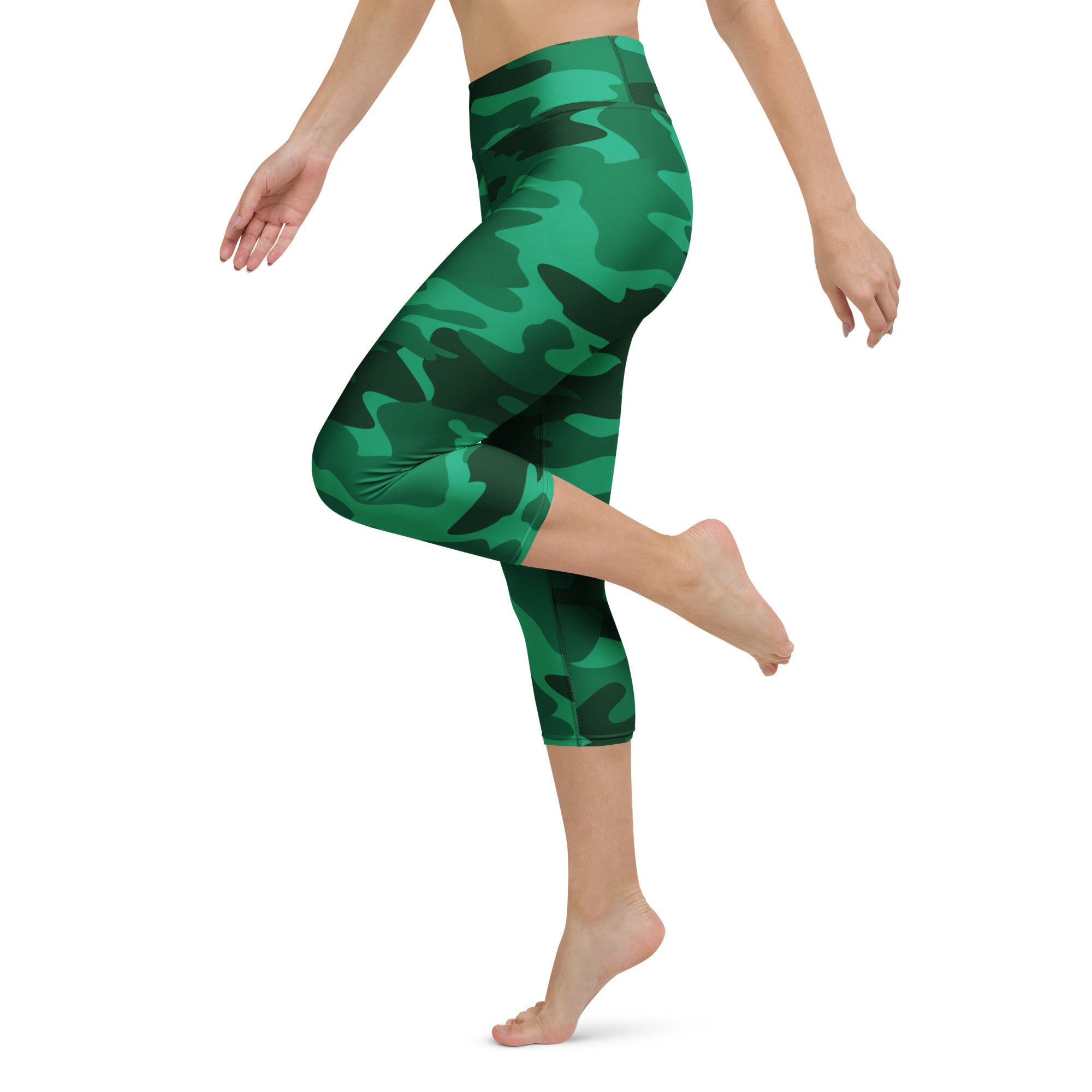 Women’s green camouflage buttery soft high-rise yoga capri leggings with moisture-wicking stretch fabric
