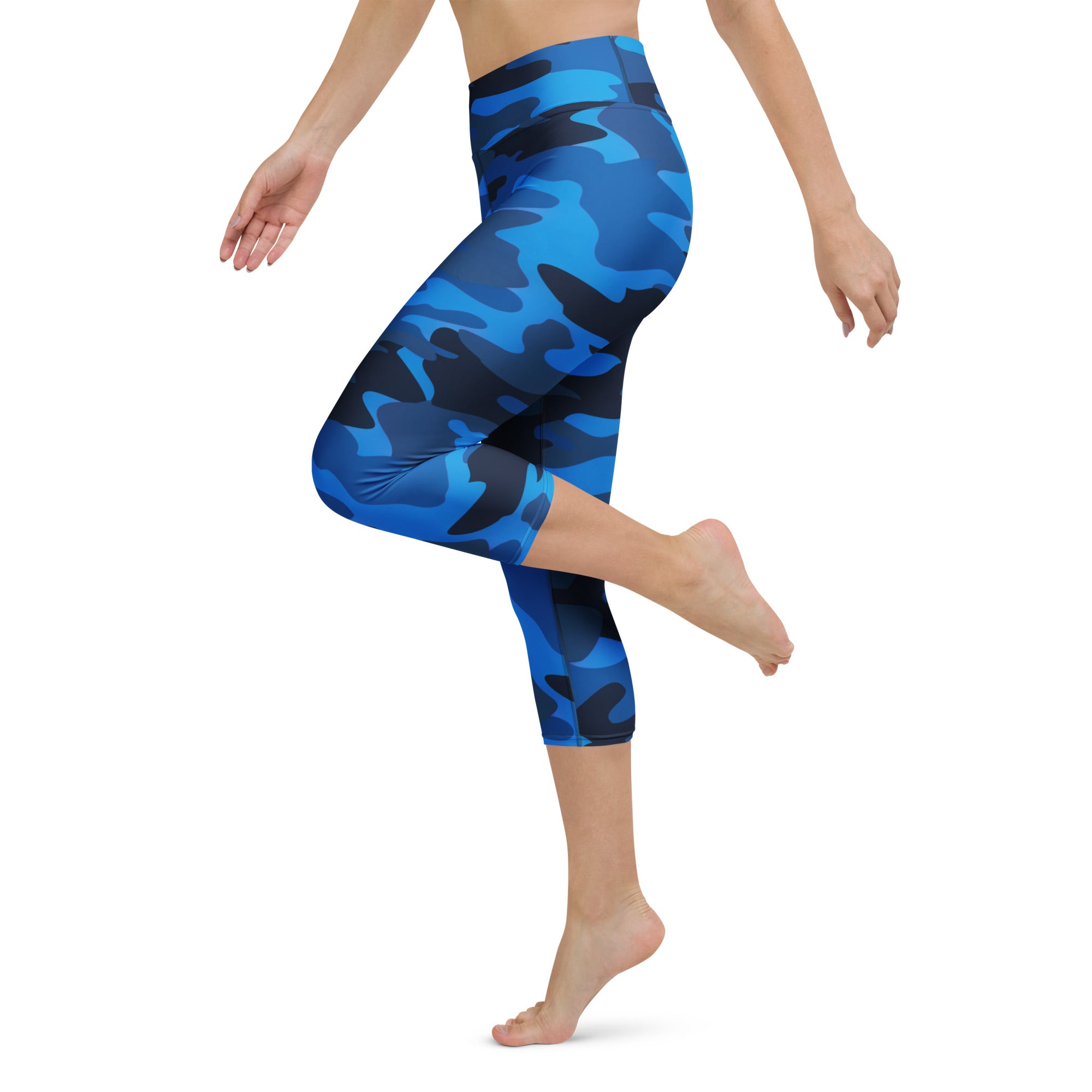 Women’s blue and black camouflage high-rise buttery soft yoga capri leggings with moisture-wicking stretch fabric
