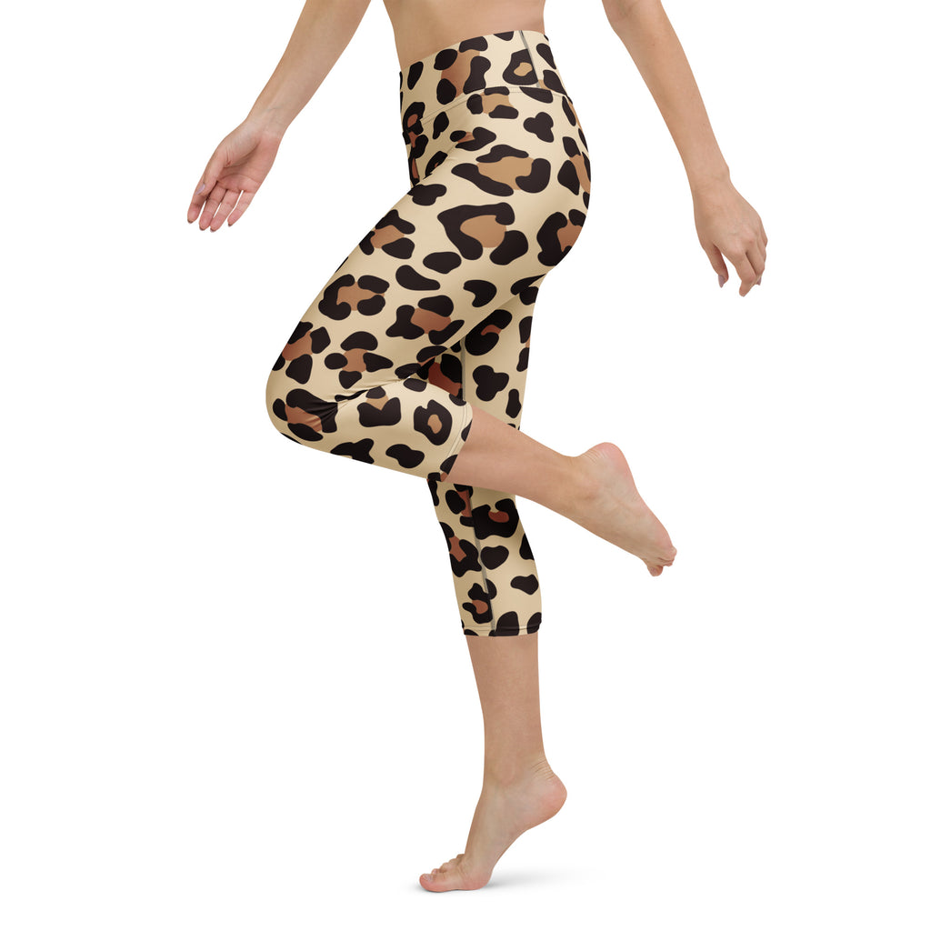 Beige leopard print buttery soft high rise capri leggings with black and brown spots moisture wicking stretch pants