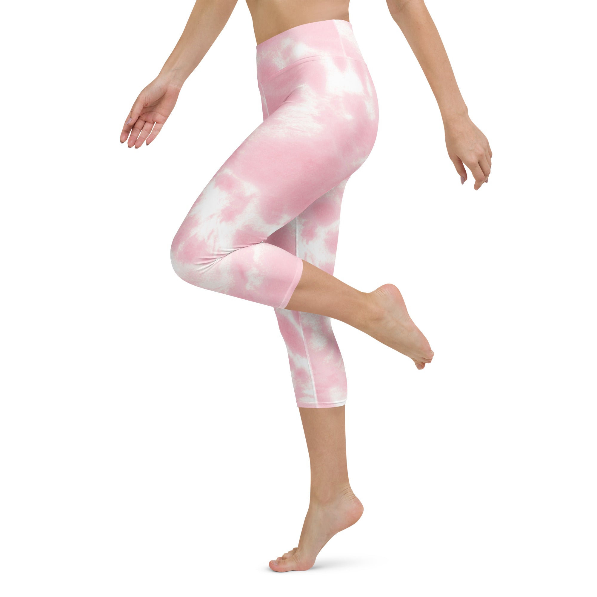 Women’s pink and white tie dye buttery soft high rise moisture wicking yoga capri leggings front view