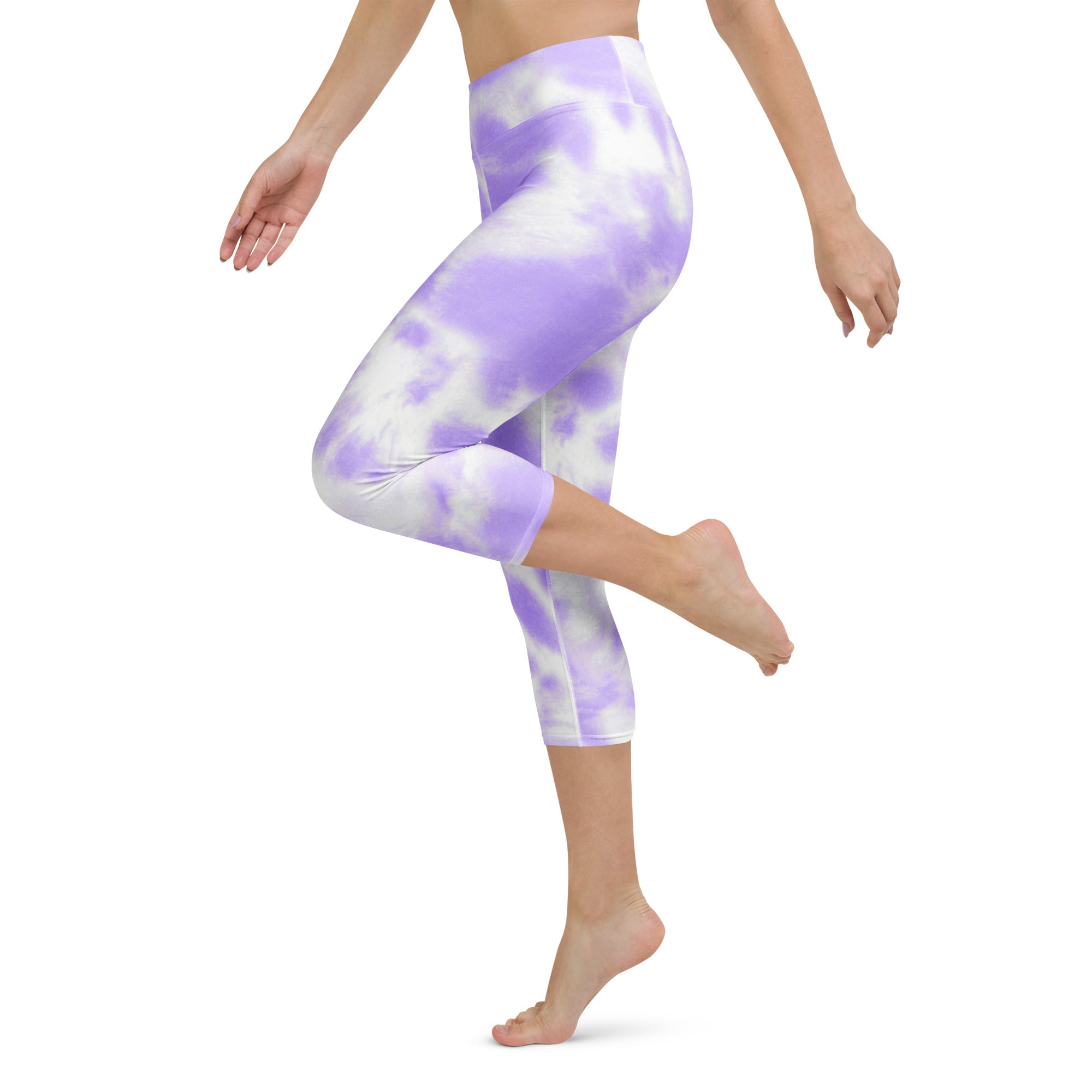 Women’s purple and white tie dye buttery soft high rise yoga capri leggings with moisture wicking stretch fabric