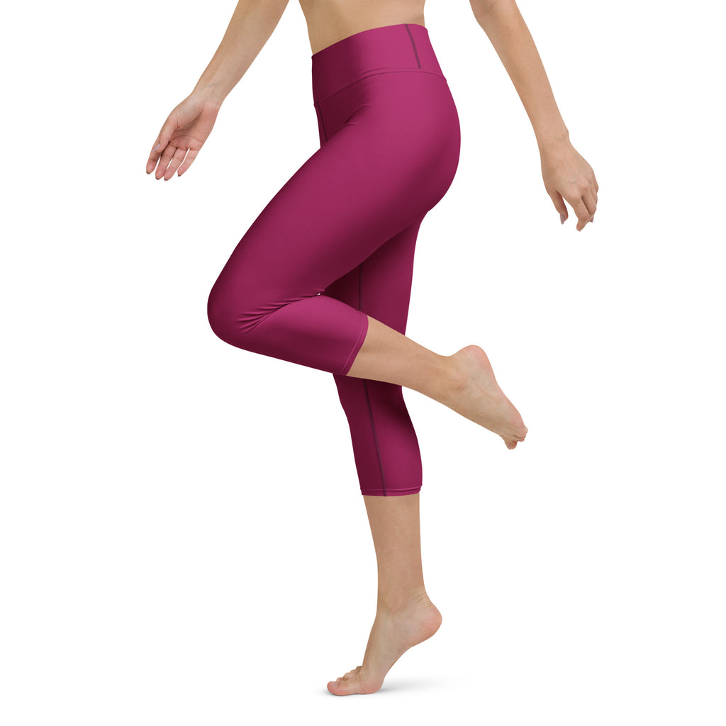 Women’s burgundy buttery soft high-rise yoga capri leggings in fuchsia smooth stretchy moisture-wicking fabric