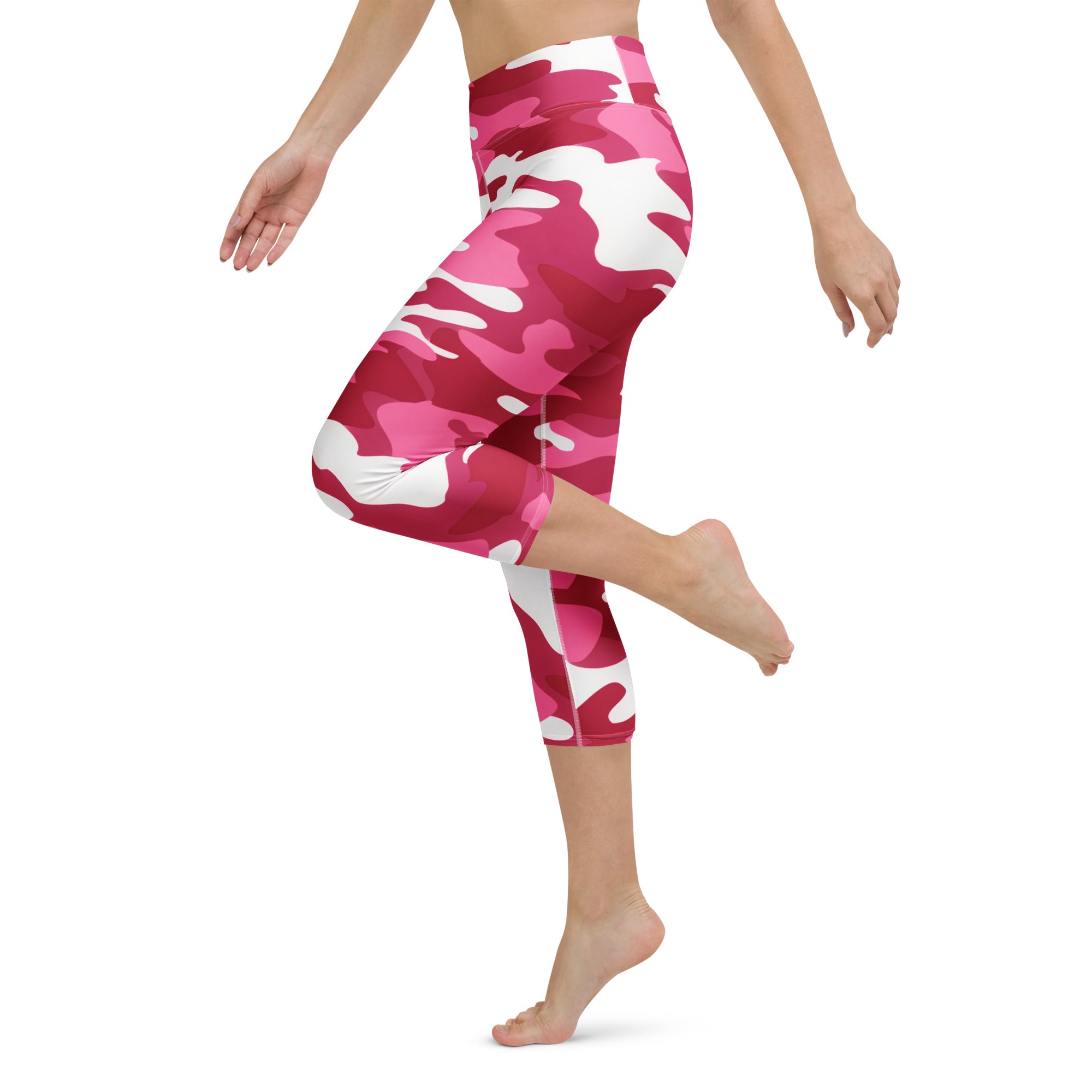 Pink and white camouflage high-rise capri leggings made of buttery soft moisture-wicking fabric for yoga and activewear