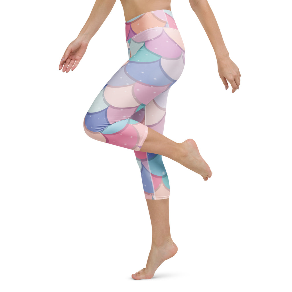 Women’s pastel rainbow mermaid-scale capri leggings high-rise moisture-wicking buttery soft activewear pants