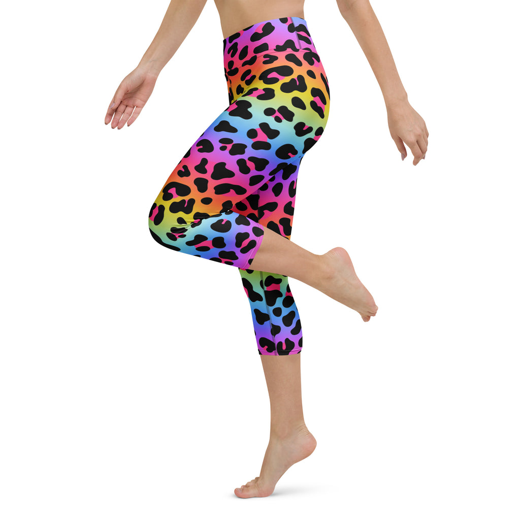 Women’s rainbow leopard buttery soft high-rise capri leggings with black spots moisture-wicking stretch pants