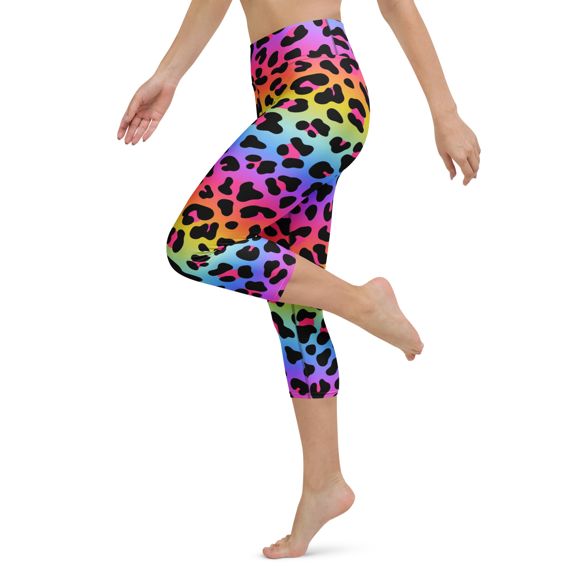 Women’s rainbow leopard buttery soft high-rise capri leggings with black spots moisture-wicking stretch pants