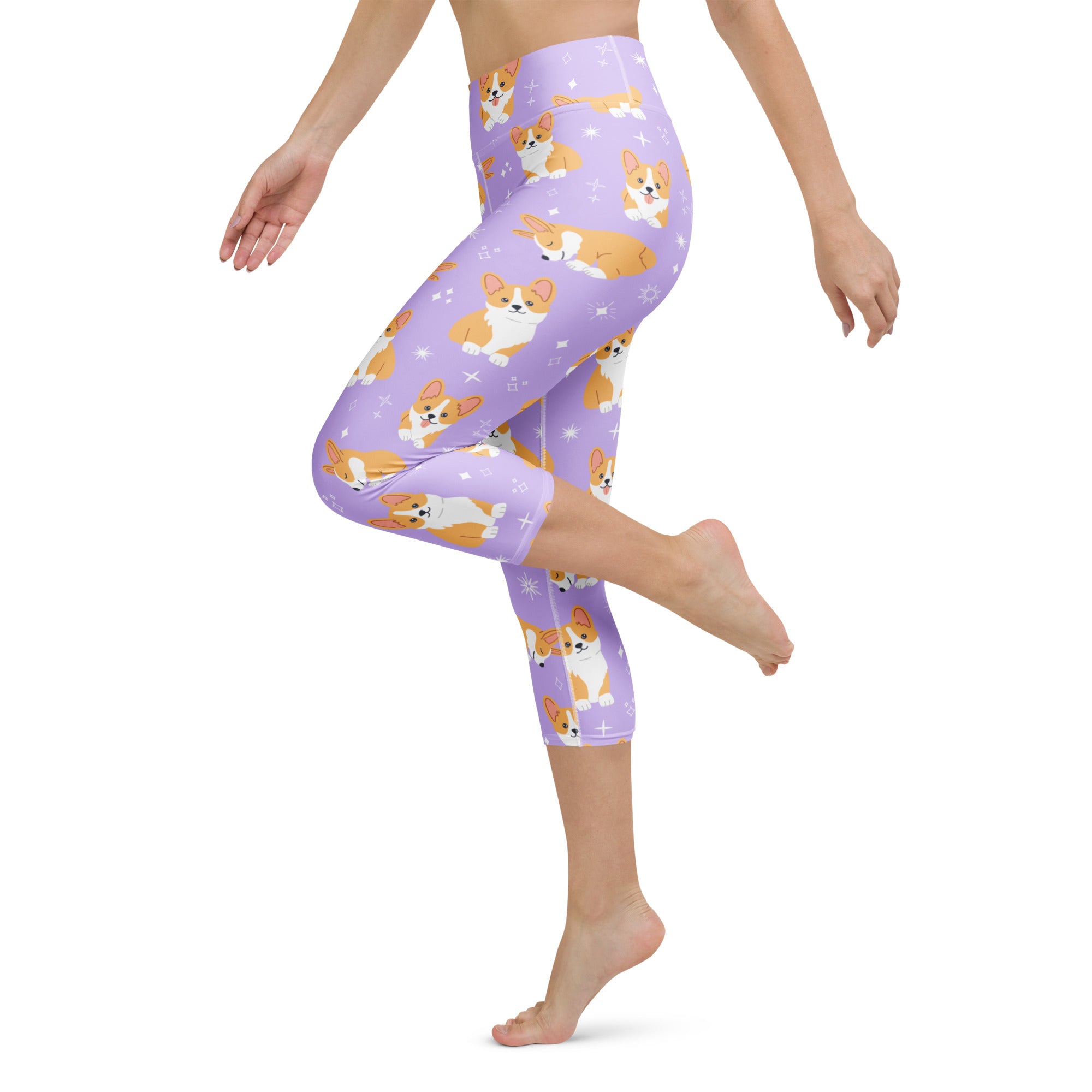 Women’s purple corgi dog buttery soft high-rise capri leggings with orange white corgi pattern and star accents