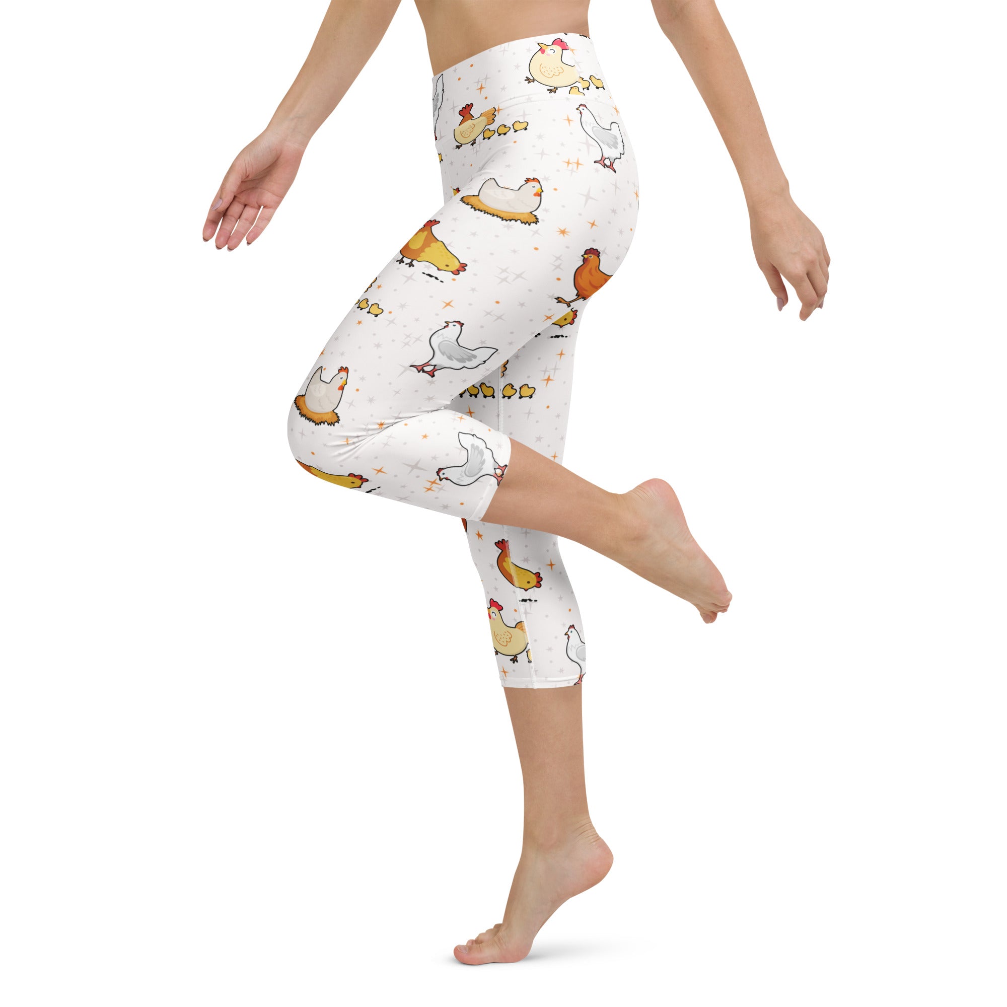 White high rise buttery soft yoga capri leggings with colorful cartoon chicken and chick pattern moisture wicking
