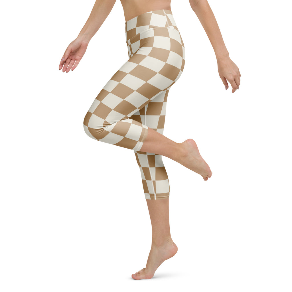 Women’s tan and white checkered buttery soft yoga capri leggings with high-rise waist and moisture-wicking stretch fabric