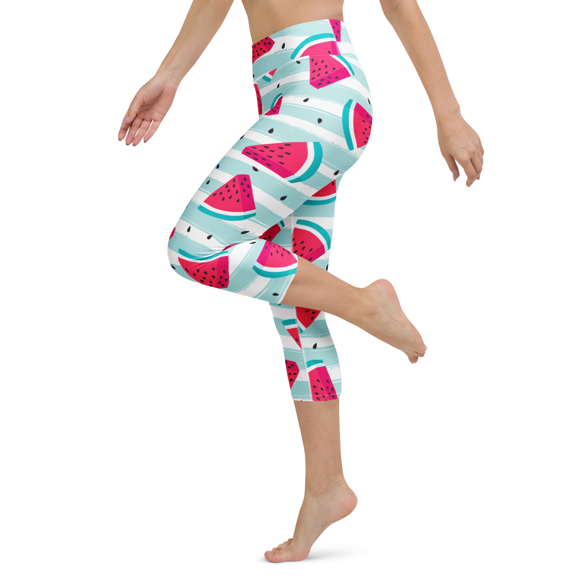 Women’s watermelon stripe buttery soft high-rise yoga capri leggings with vibrant pink teal stretchy fabric