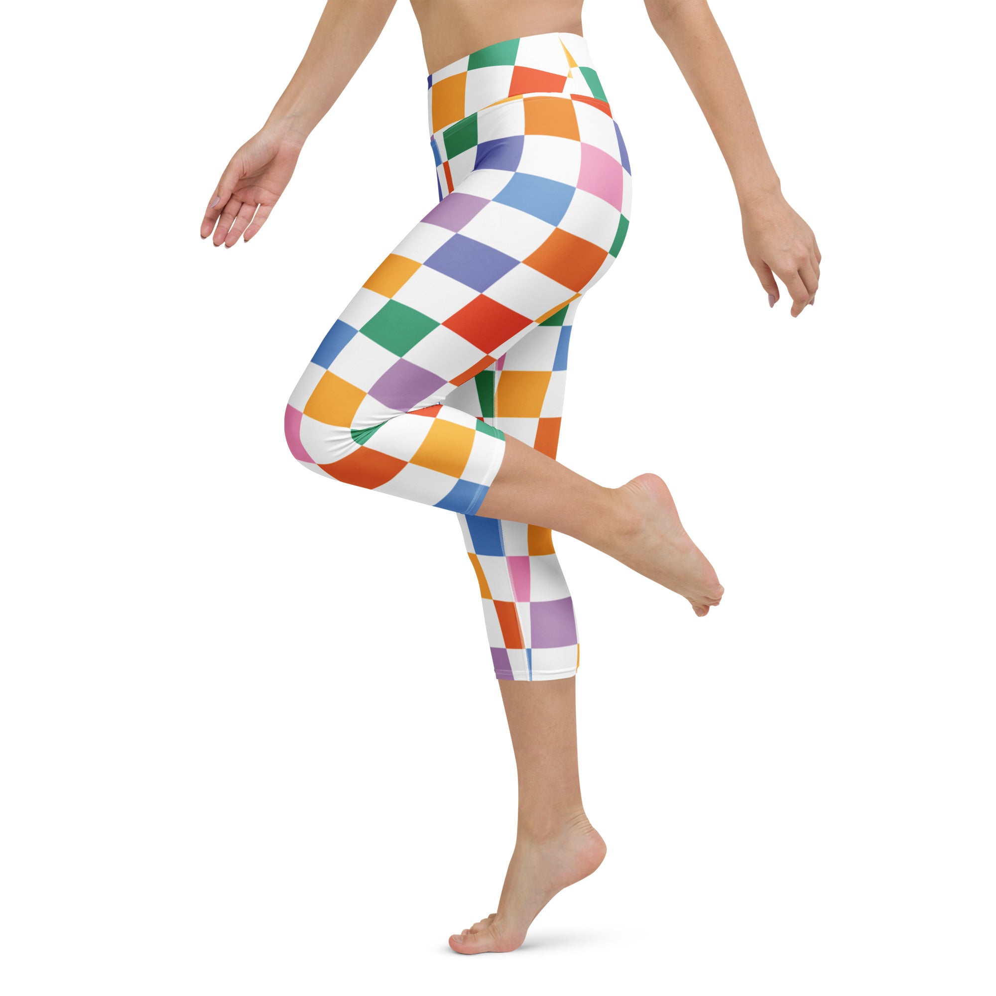 Women’s colorful geometric-patterned checkered capri leggings high-waisted buttery soft moisture-wicking activewear