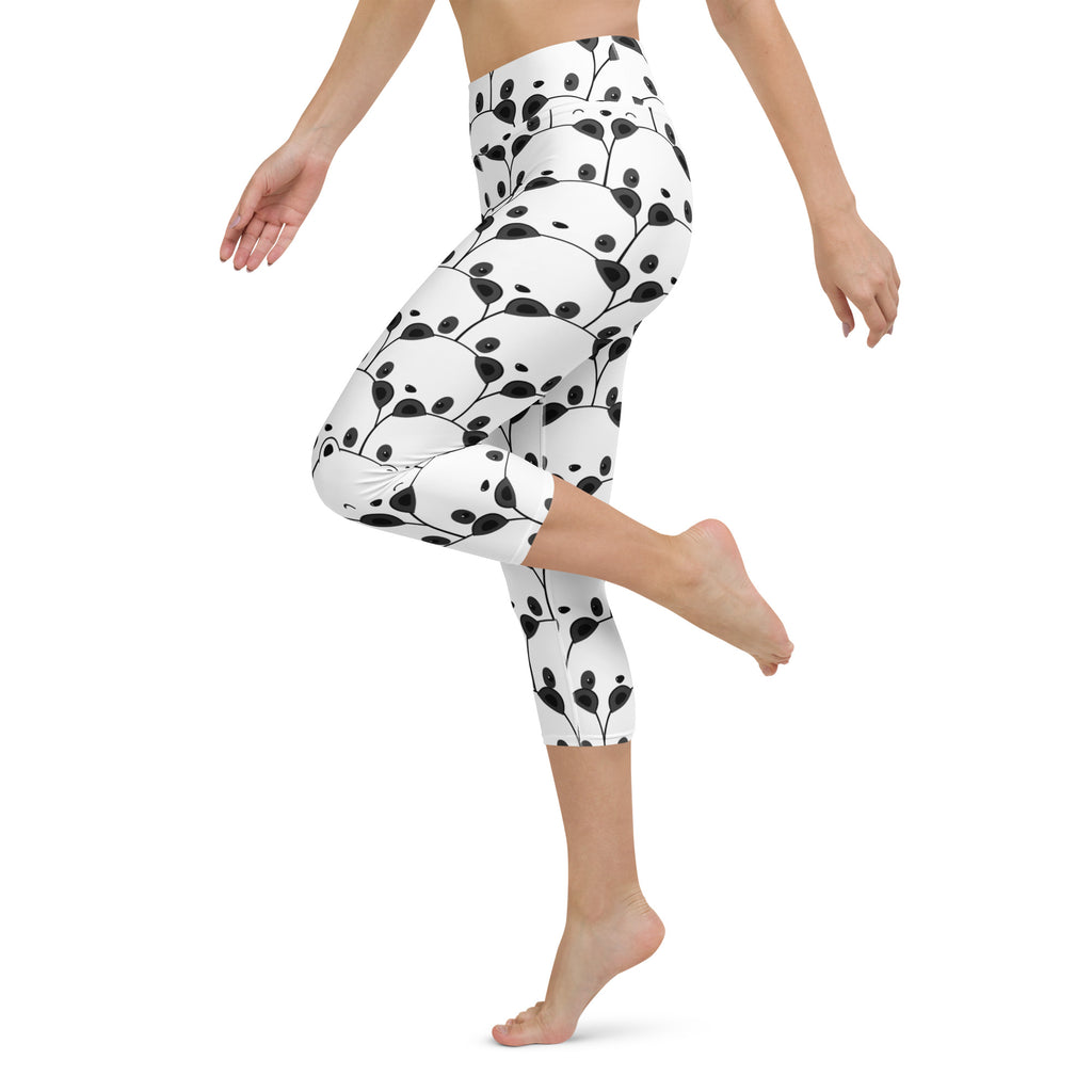 White capri leggings with black panda and leaf pattern high-rise moisture-wicking soft stretch activewear pants