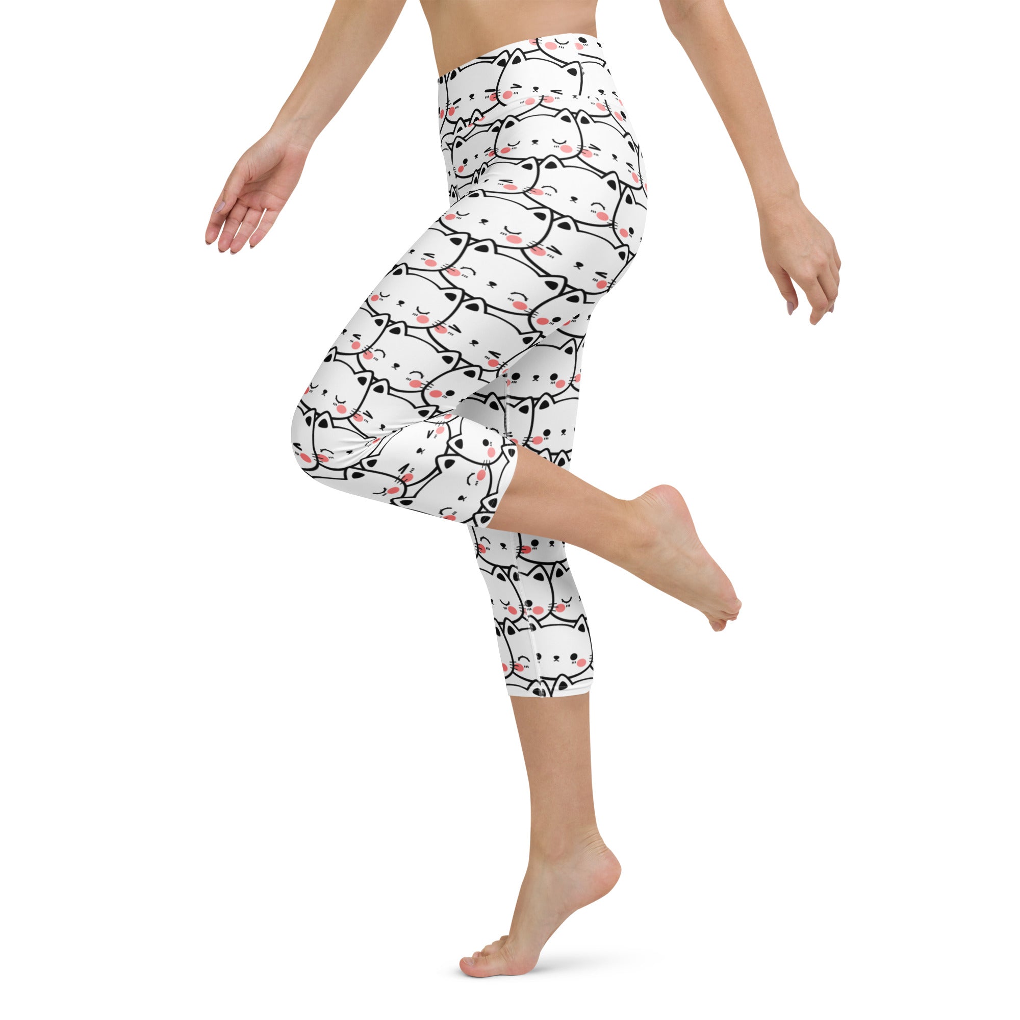 White capri leggings with black outlined cartoon cats and pink blush cheeks high-rise buttery soft yoga pants
