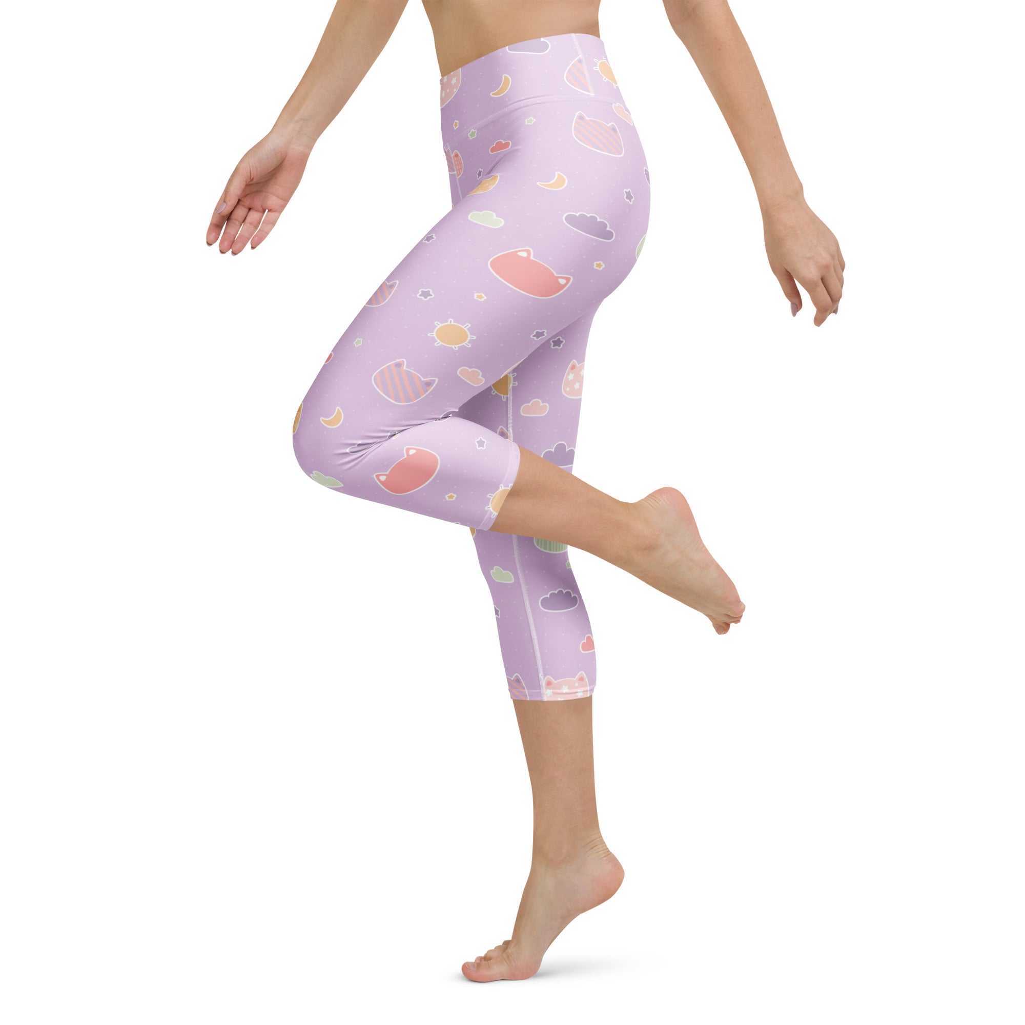 Women’s lilac capri leggings with pastel cats moons and clouds pattern buttery soft moisture-wicking fabric
