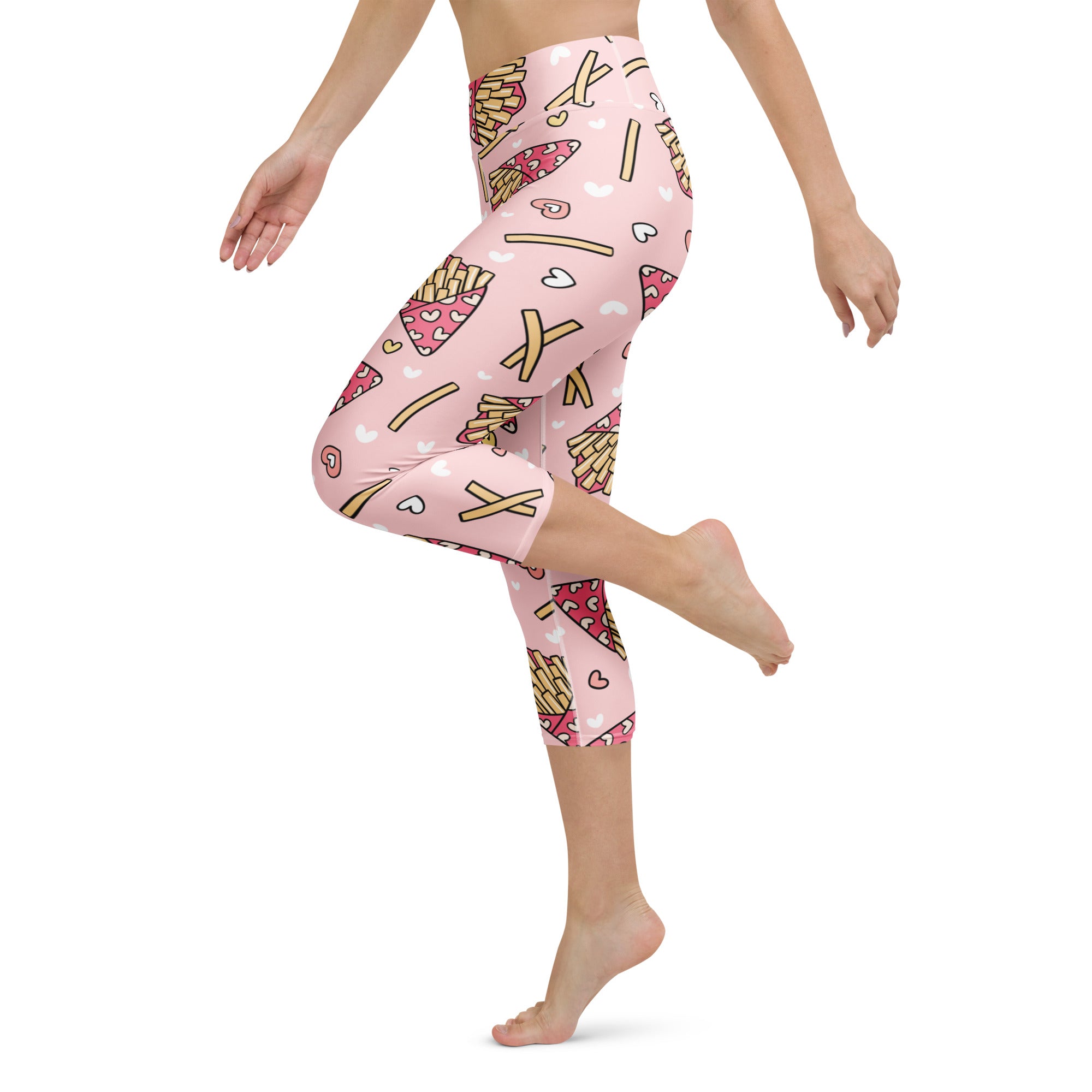 Women’s high-rise pink capri leggings with playful gold and white french fries pizza and heart pattern soft stretch