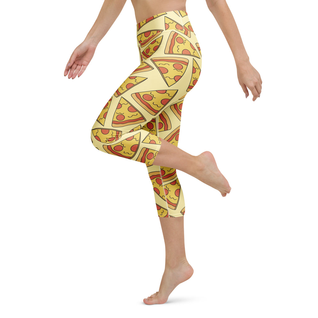 Women’s yellow pizza slice buttery soft high-rise yoga capri leggings with moisture-wicking soft stretch fabric