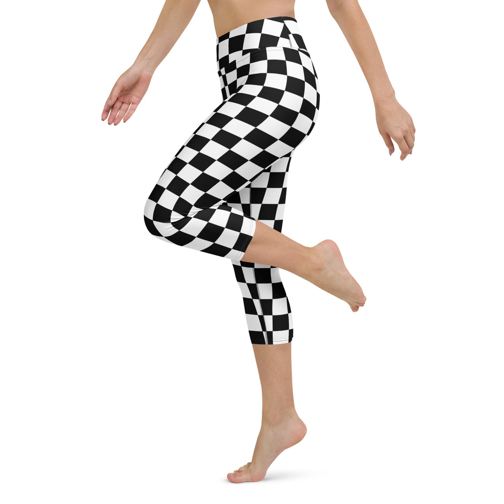 Women’s black and white checkered buttery soft high-rise yoga capri leggings with moisture-wicking stretch fabric