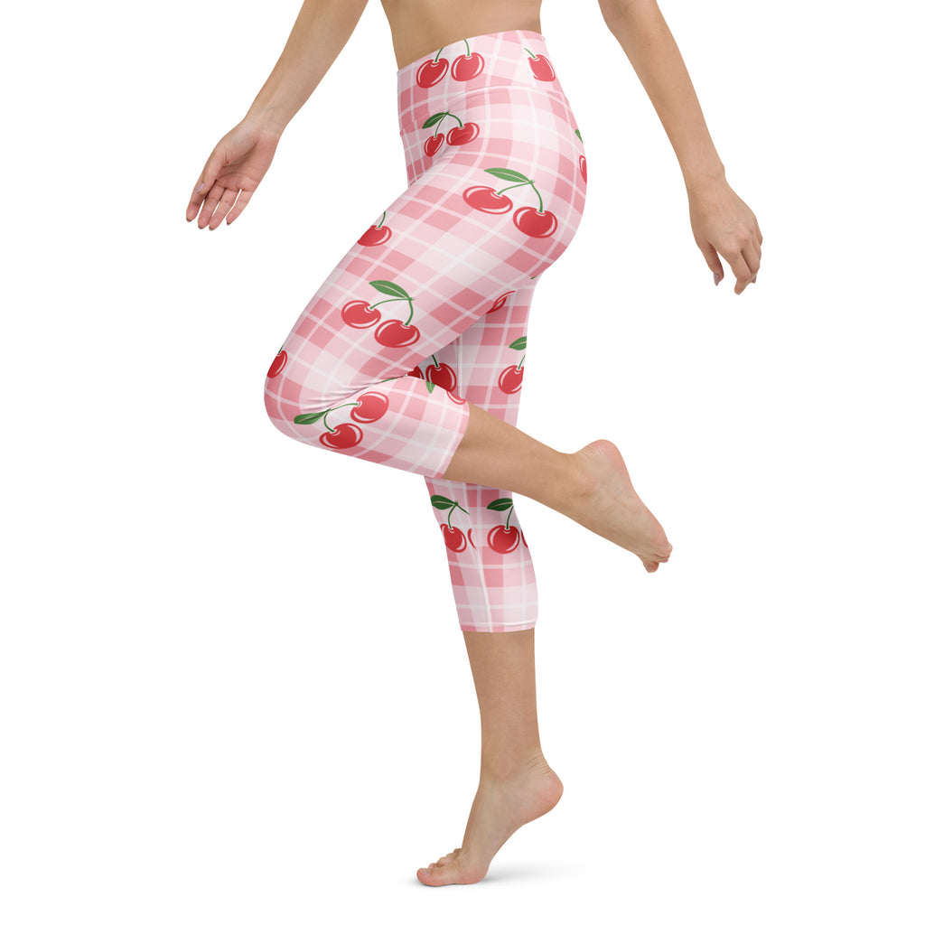 Women’s cherry gingham buttery soft high-rise yoga capri leggings with pink white plaid and red cherries pattern