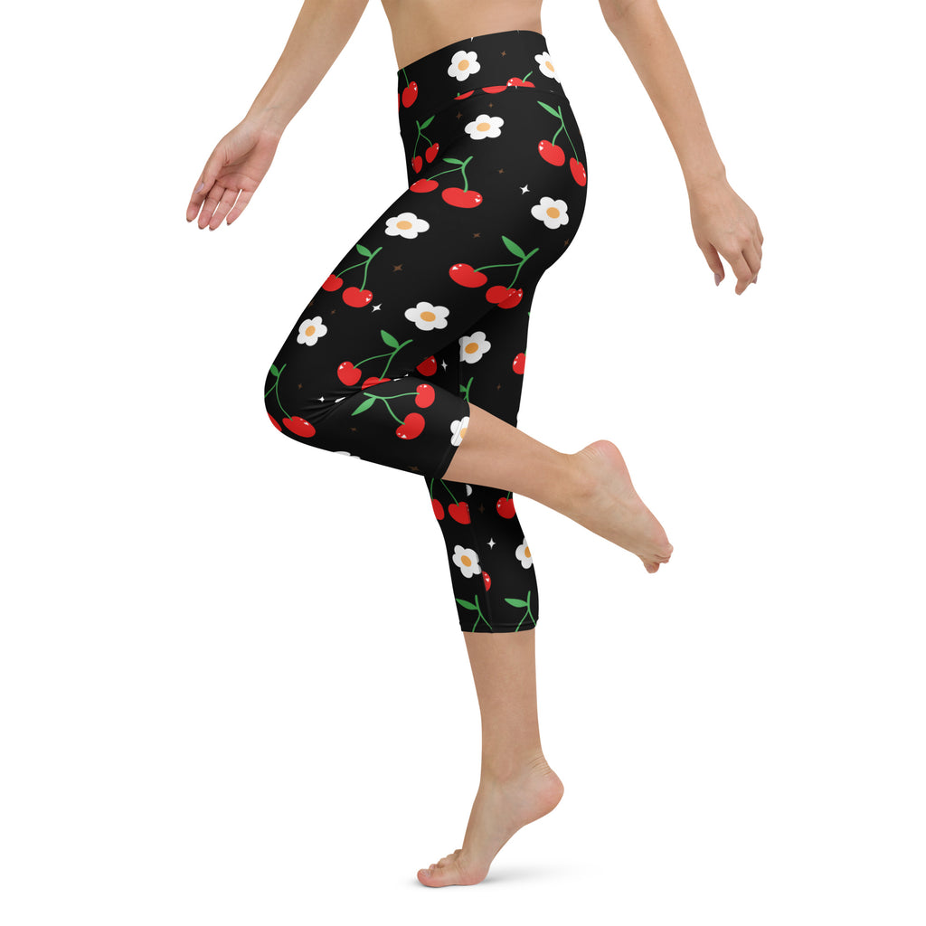 Women’s black cherry blossom buttery soft high-rise yoga capri leggings with red cherries and white daisies pattern