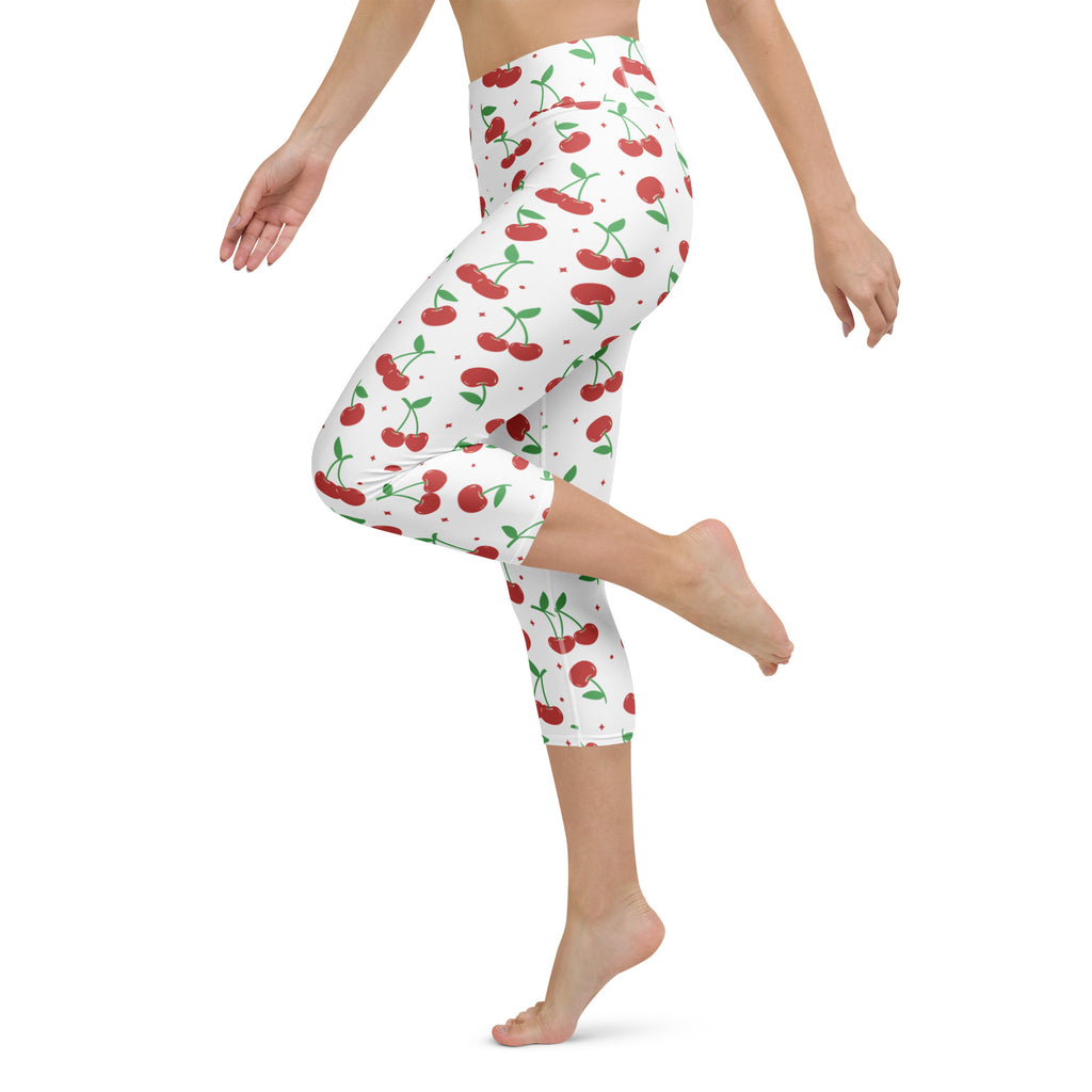 Women’s white cherry print buttery soft high-rise yoga capri leggings with moisture-wicking stretch fabric